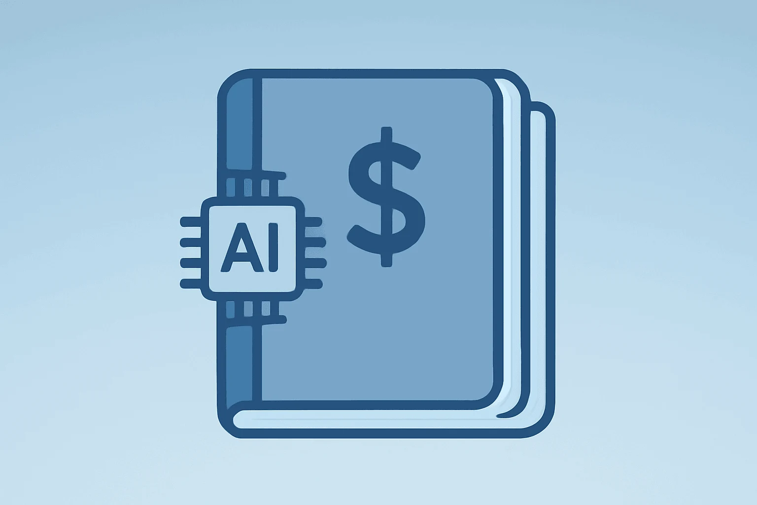 Flat vector of an accounting ledger with clipped pages and an AI chip, representing Intuit layoffs and a shift to AI focus.