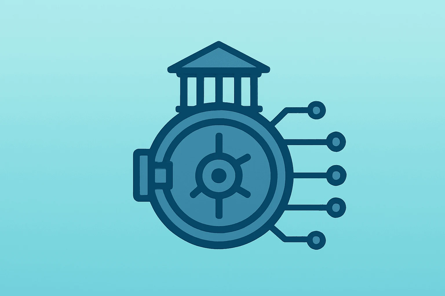 Flat filled vector of a bank vault merged with a digital coin, symbolizing Circle OCC approval and USDC reserve custody.