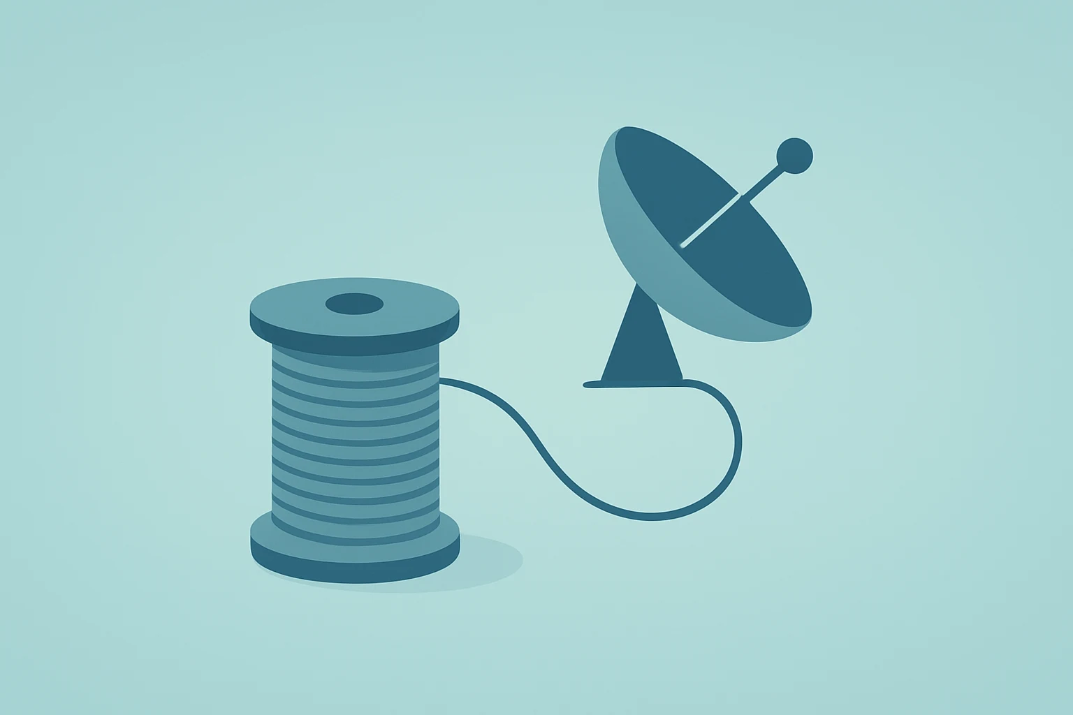 Flat vector of a fiber spool unfurling into a satellite array, symbolizing AT&T $250 Billion Investment and US network build.