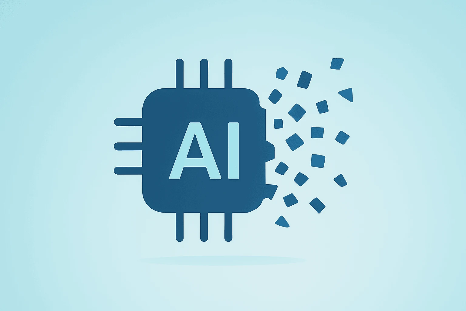 Flat filled vector of an AI chip shedding fragments to symbolize Broadcom insider selling and buy-the-dip tension.