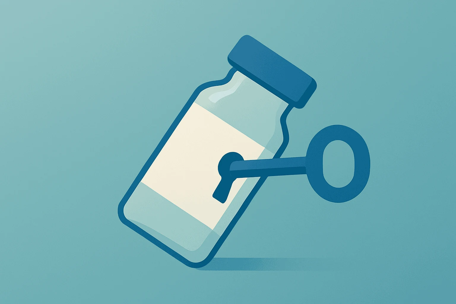 Flat vector of a pharmaceutical vial unlocked by a key symbolizing the Arvinas VEPPANU license and launch handoff.