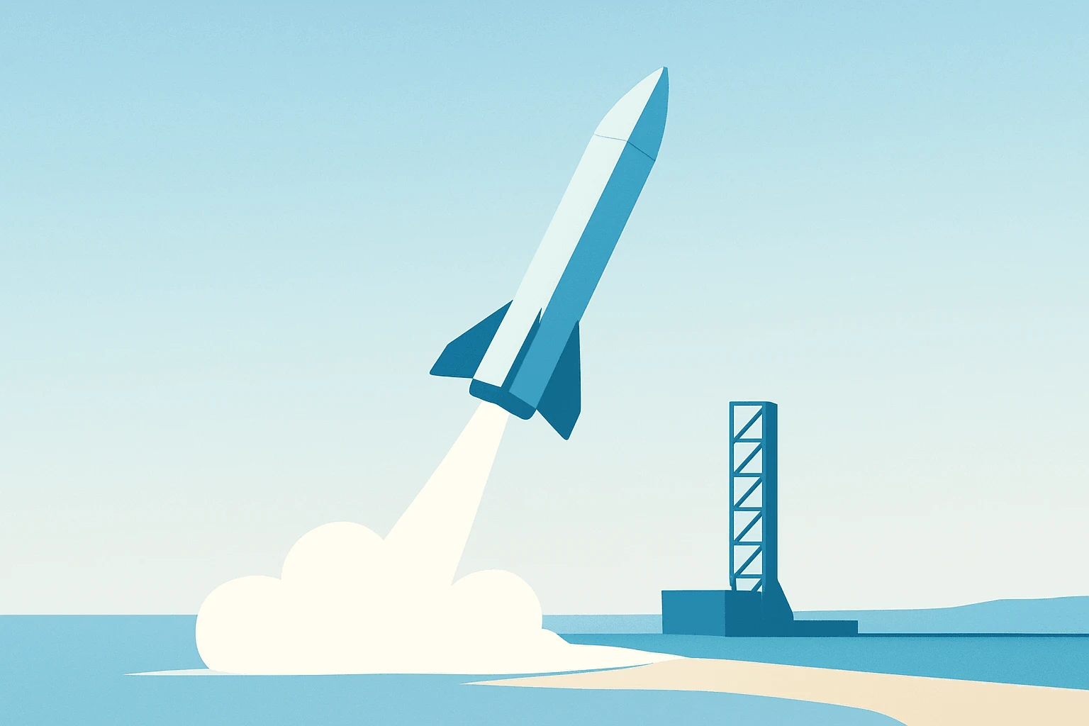 Flat vector cover of a suborbital rocket at a launch pad symbolizing the Rocket Lab Space Force contract and investor lift.