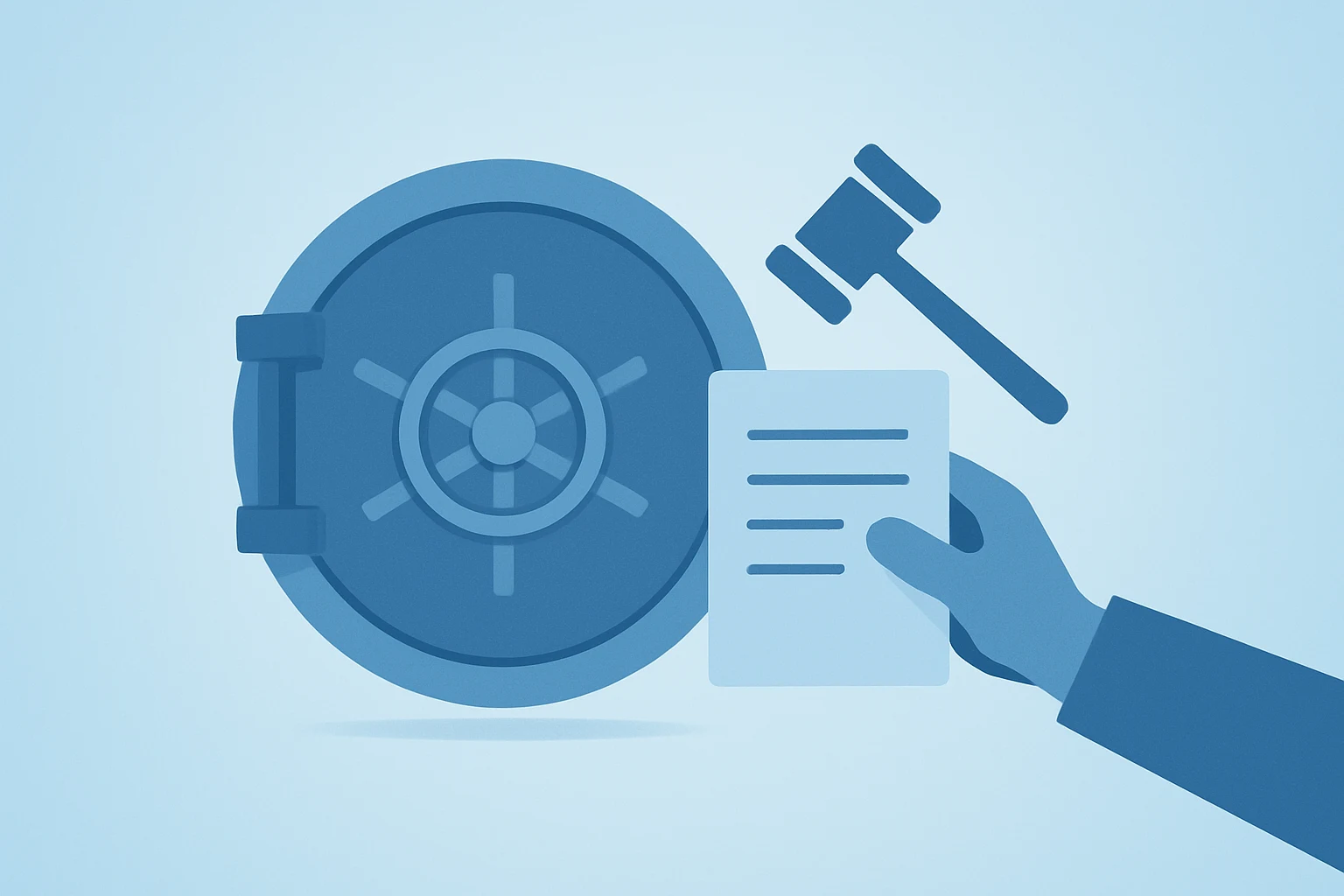Flat filled vector of a bank vault under legal strain representing SoFi short report and CEO purchase with shadow lift