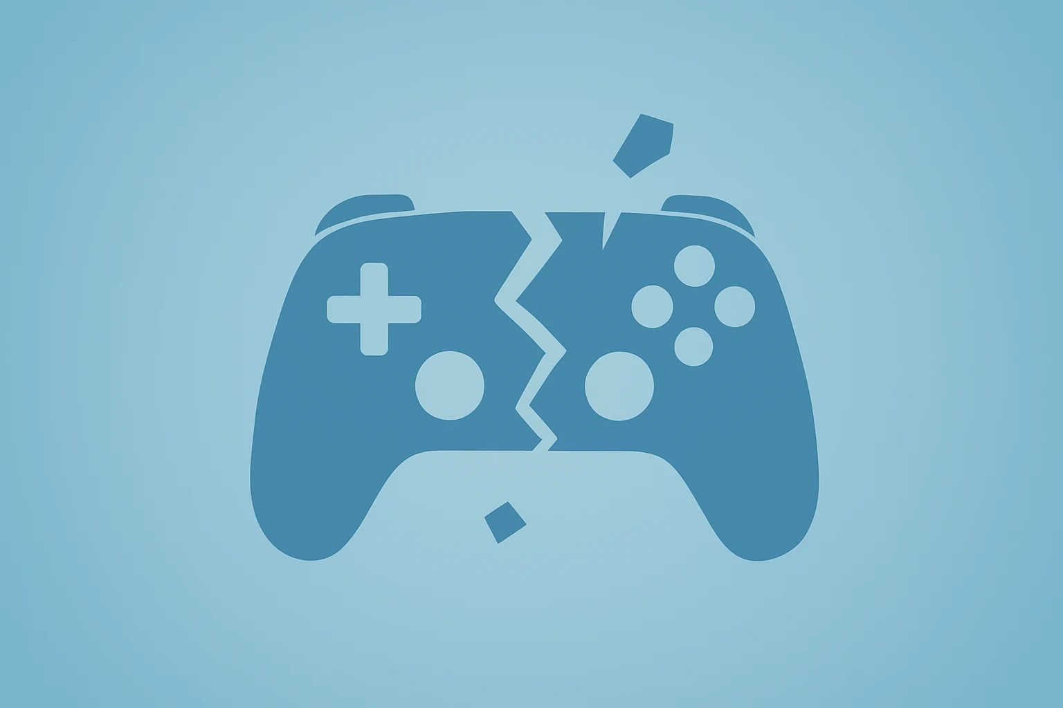 Flat vector fractured controller symbolizing Ubisoft restructuring, cancellations and studio closures on a soft gradient.