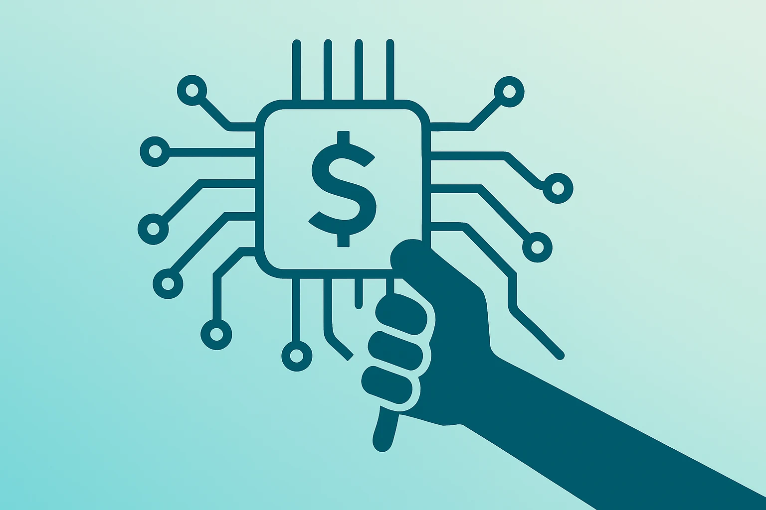 Flat vector of a chip and circuit merging to symbolize Elliott stake in Synopsys seeking higher monetization and margins.