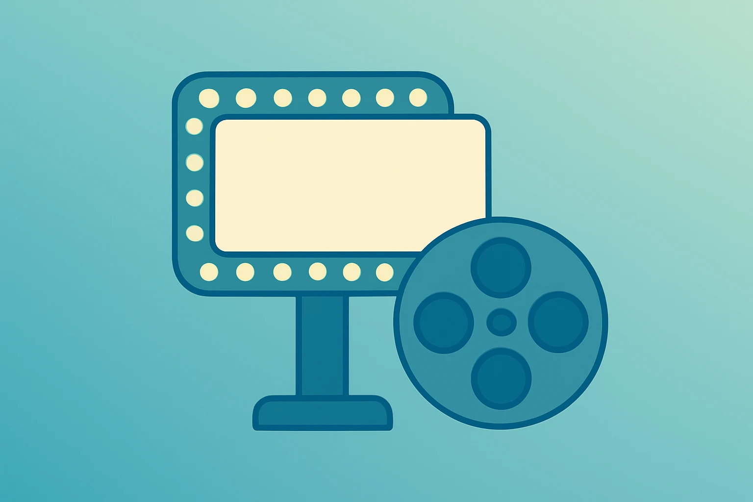 Flat vector of a dimming cinema marquee and split film reel with subtle shadow lift, evoking AMC earnings.