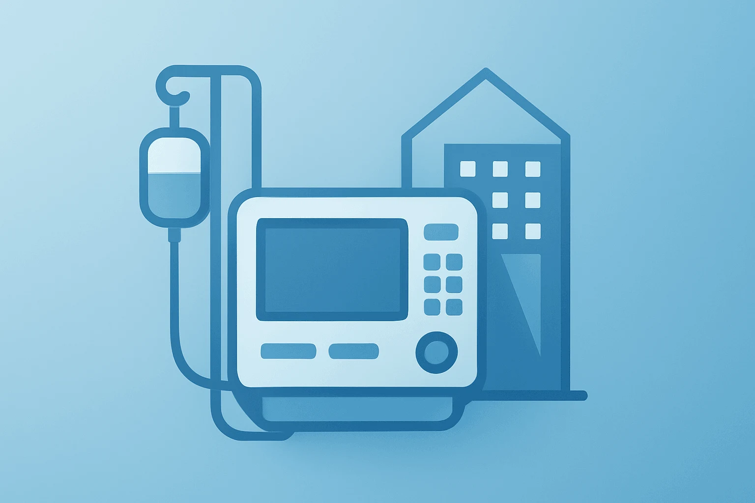 Flat-vector of infusion pump fused with a corporate module symbolizing McKesson Option Care acquisition and ownership split.