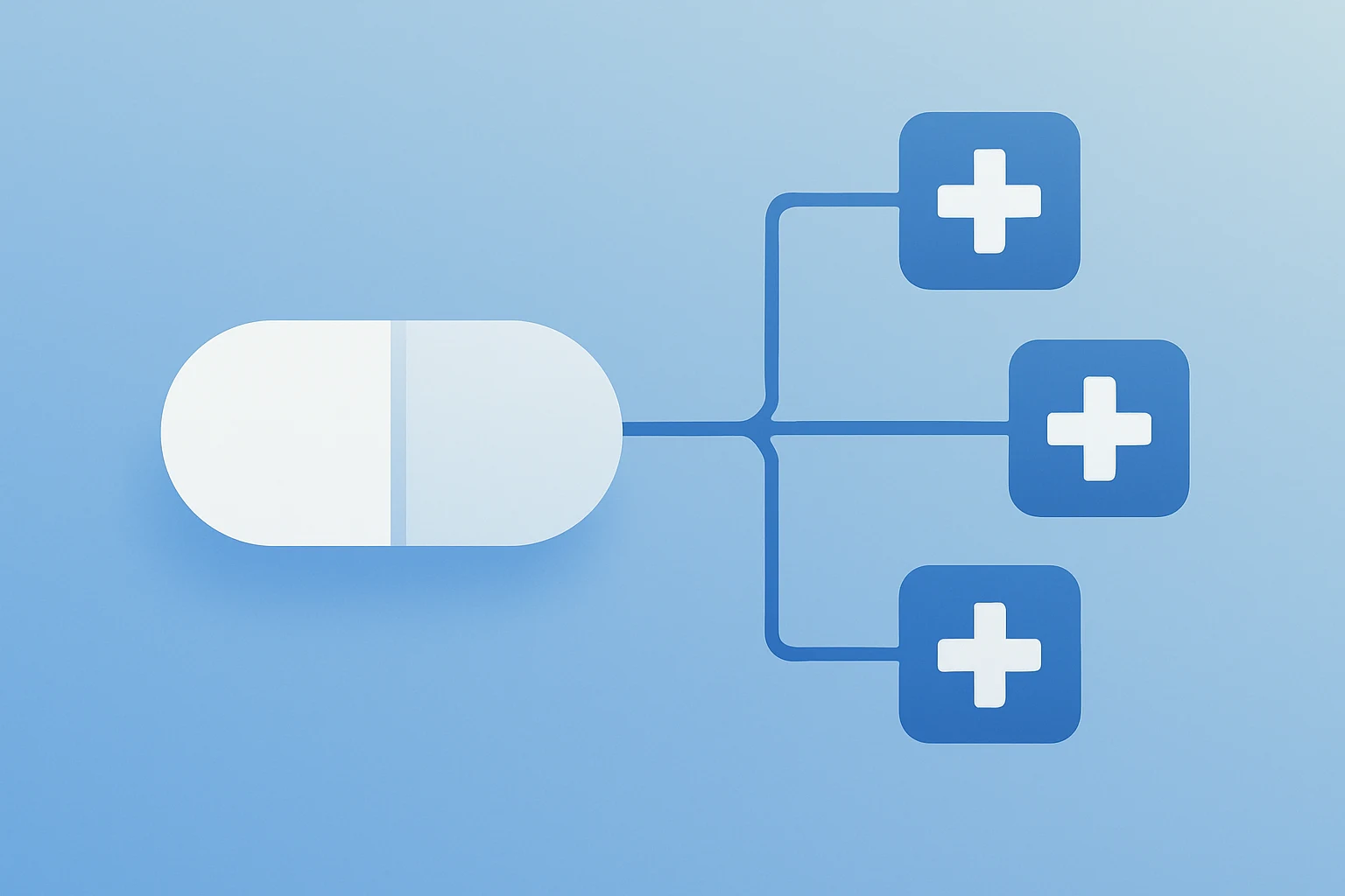 Flat vector cover of a pill tablet merging with a pharmacy to symbolize Novo Nordisk Wegovy pill rollout.