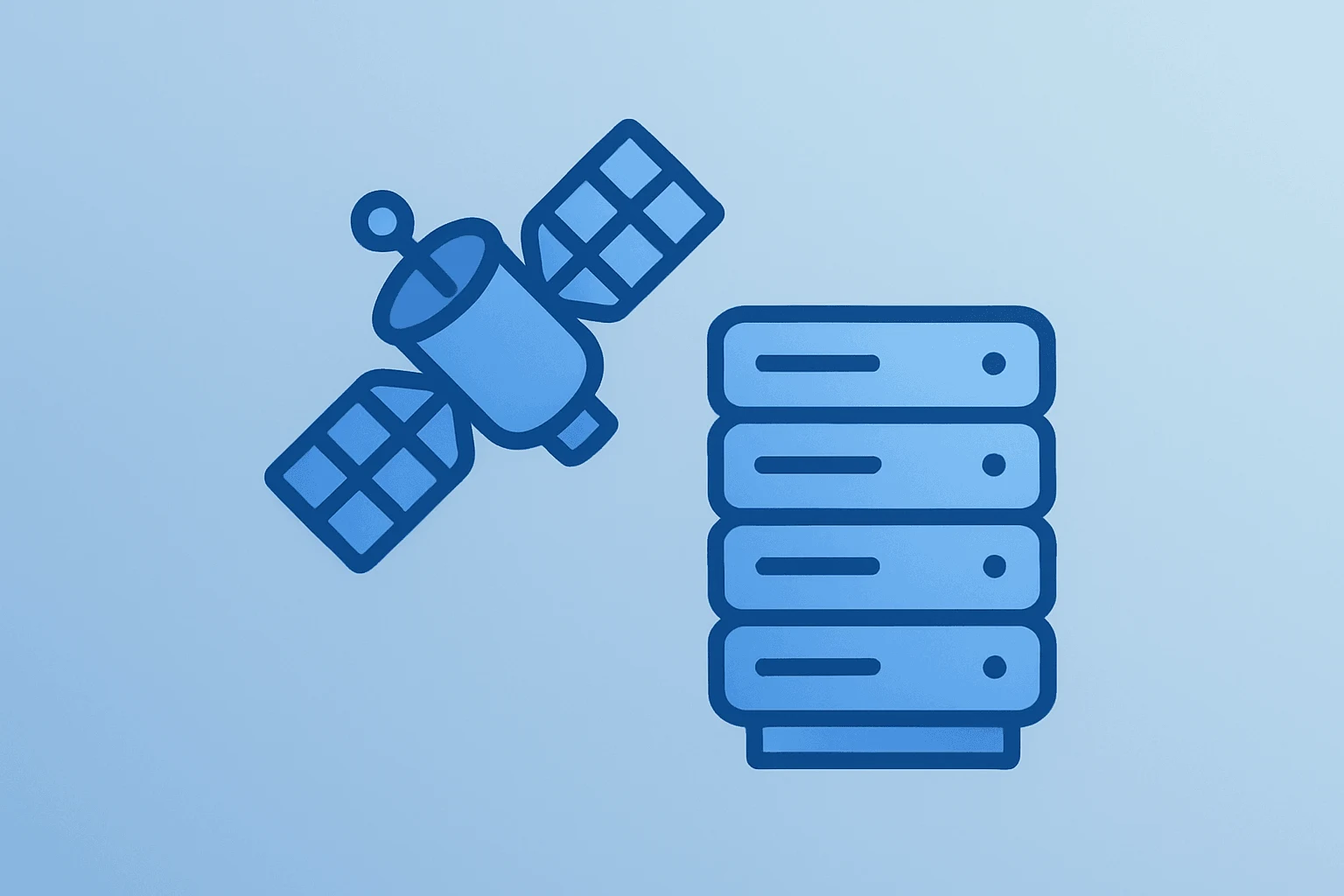Flat filled vector of a satellite server fusion symbolizing the SpaceX Cursor acquisition and stock option.