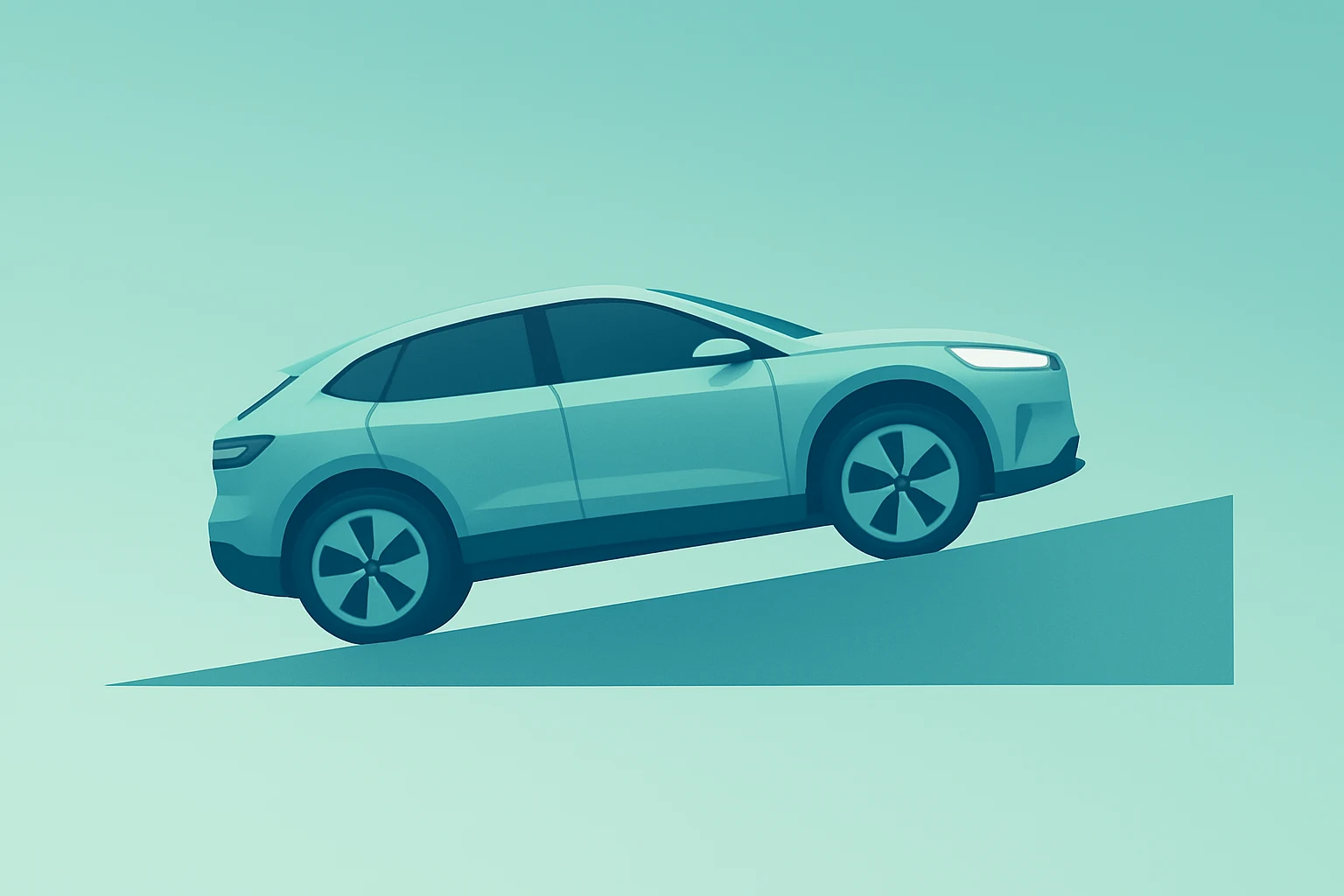 Centered flat-vector of an electric SUV cresting a ramp symbolizing NIO first profit driven by ES8 deliveries and cost cuts.