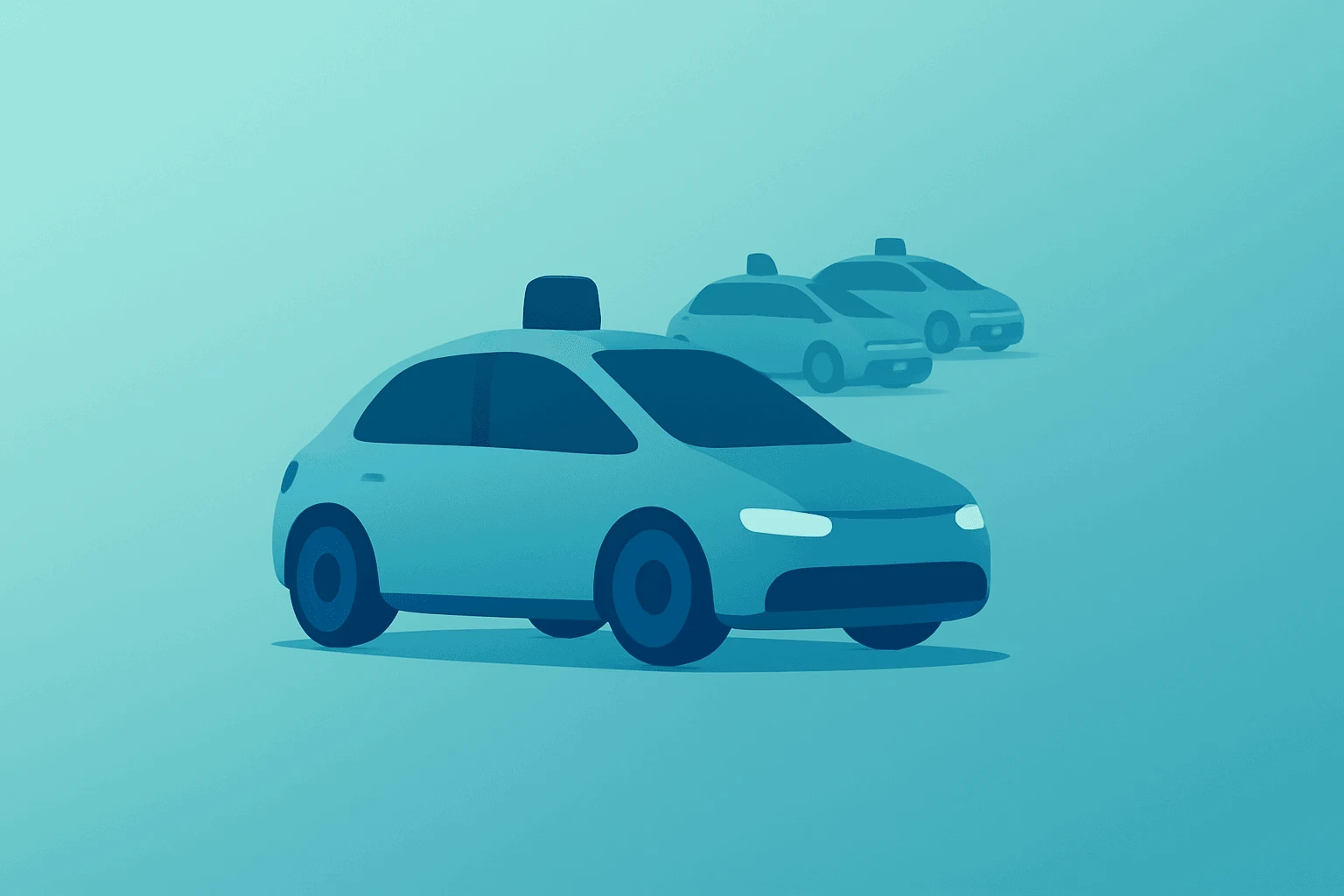 Stylized flat-vector Mobileye robotaxi car icon expanding into a small fleet with mission-control motifs on a light gradient.