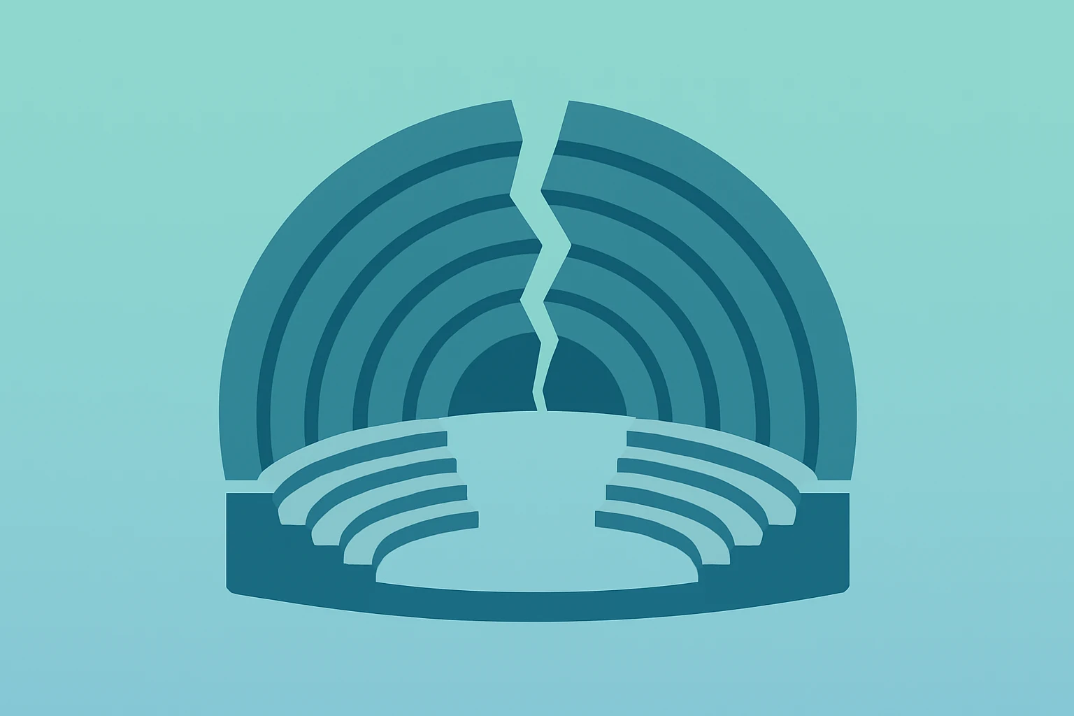 Flat vector of a splitting venue shell representing Live Nation settlement and amphitheater divestitures.