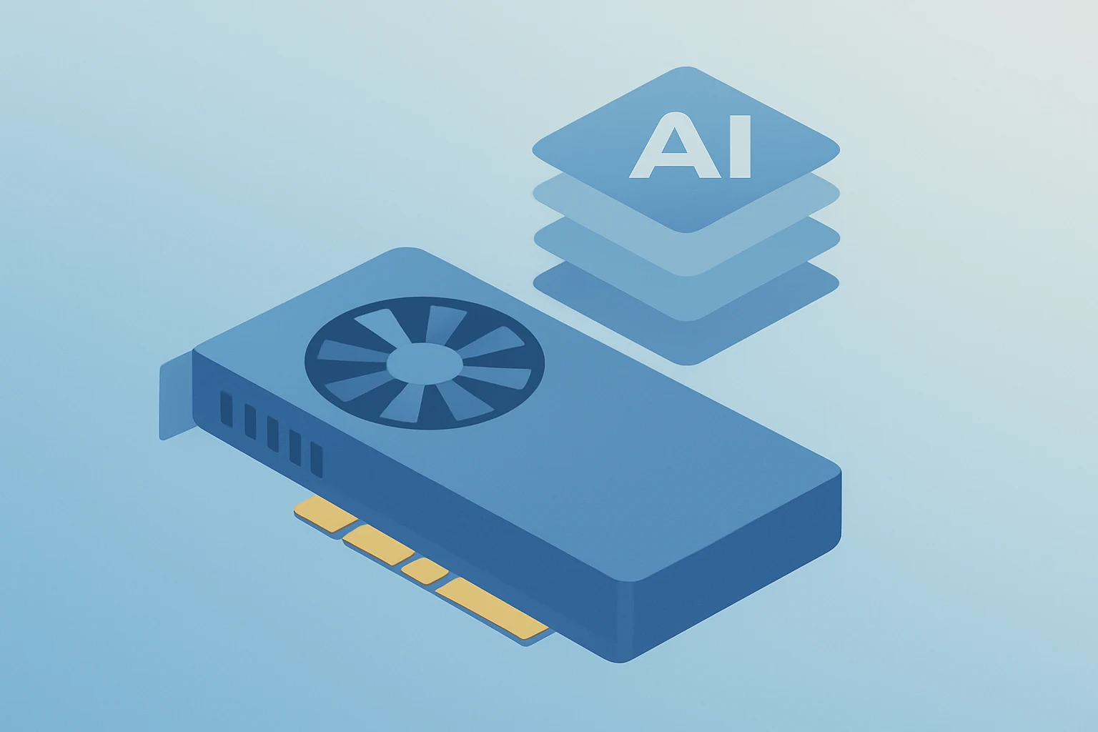 Flat vector of a GPU module with layered software shell representing Nvidia stock's AI-software moat and competition.