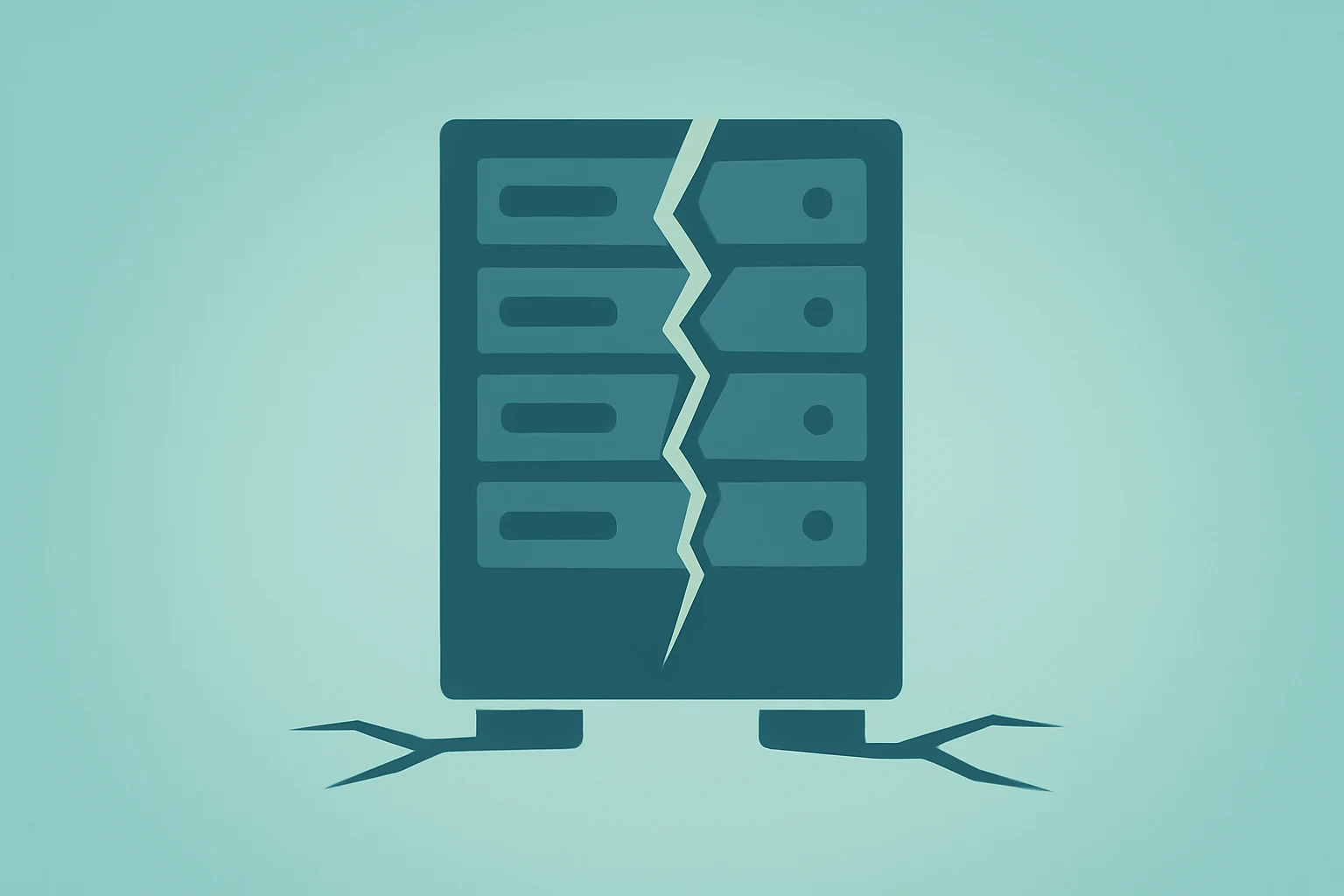 Flat filled vector of a server rack cracking under strain to symbolize CoreWeave securities lawsuits and scaling failures.