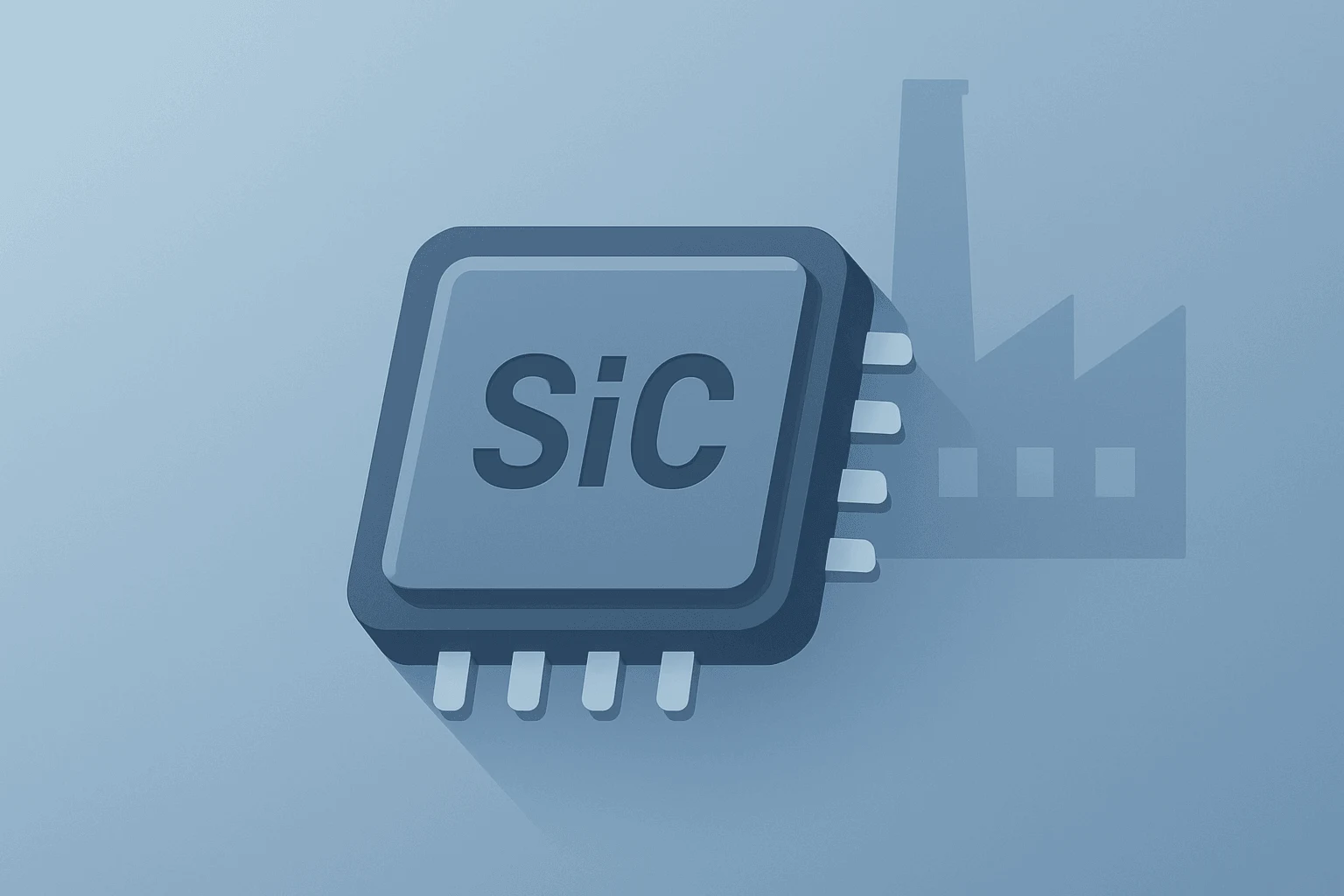 Flat vector chip merging with a factory motif to symbolize the Navitas Army contract and domestic 10 kV SiC manufacturing.