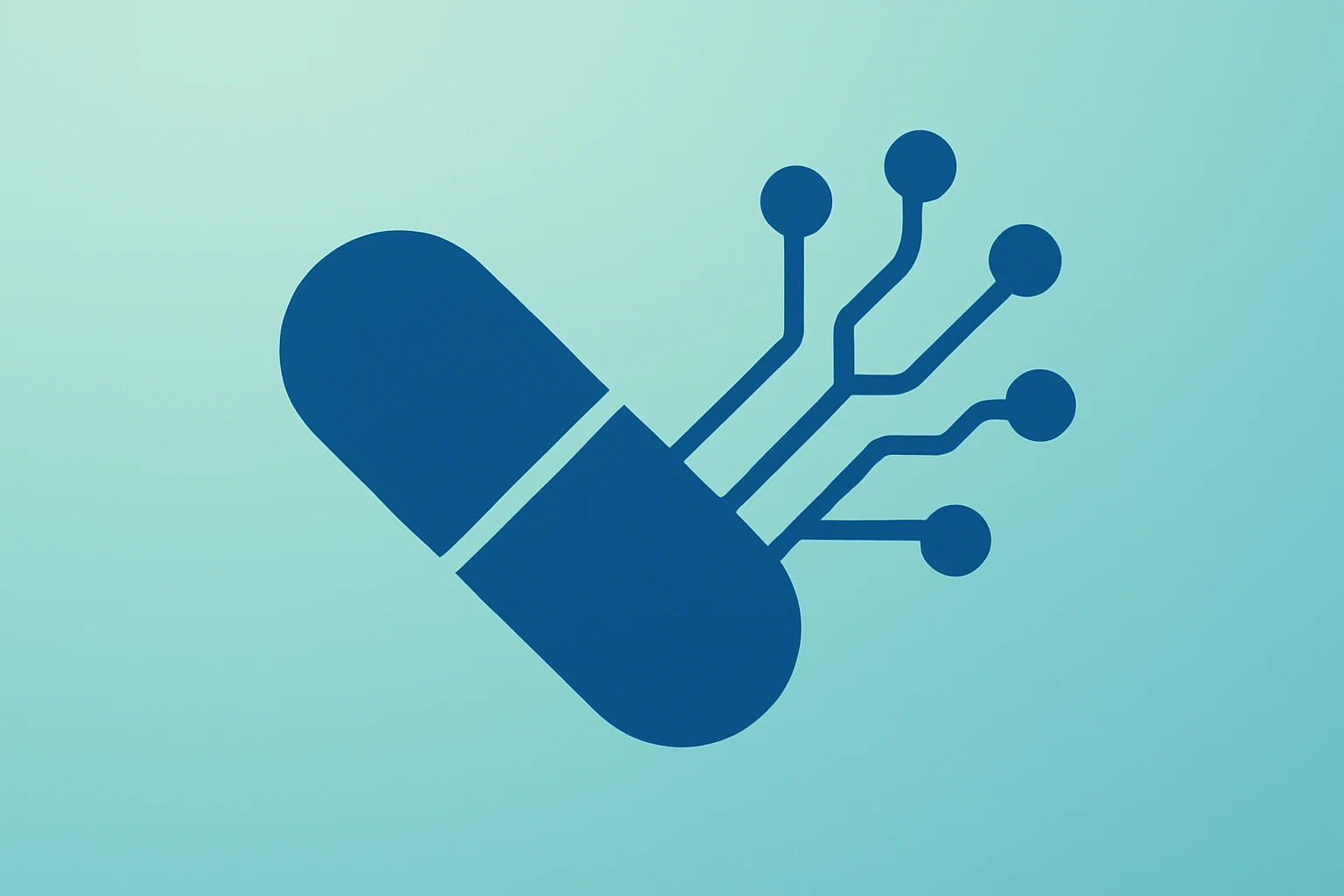 Flat vector of a capsule fused with a neural circuit representing the Eli Lilly Insilico deal and AI drug discovery.