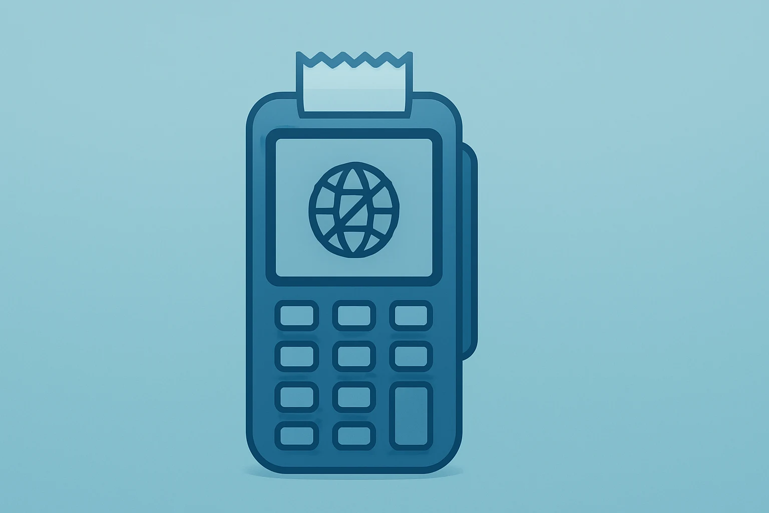 Minimal flat-vector POS terminal with stalled network core on a light gradient, symbolizing Shopify outage risk to merchants.