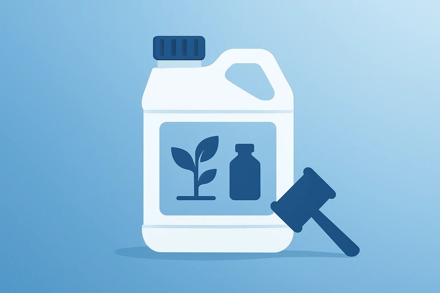 Flat vector of an agrochemical canister with a gavel shadow symbolizing Bayer Roundup settlement and legal risk.