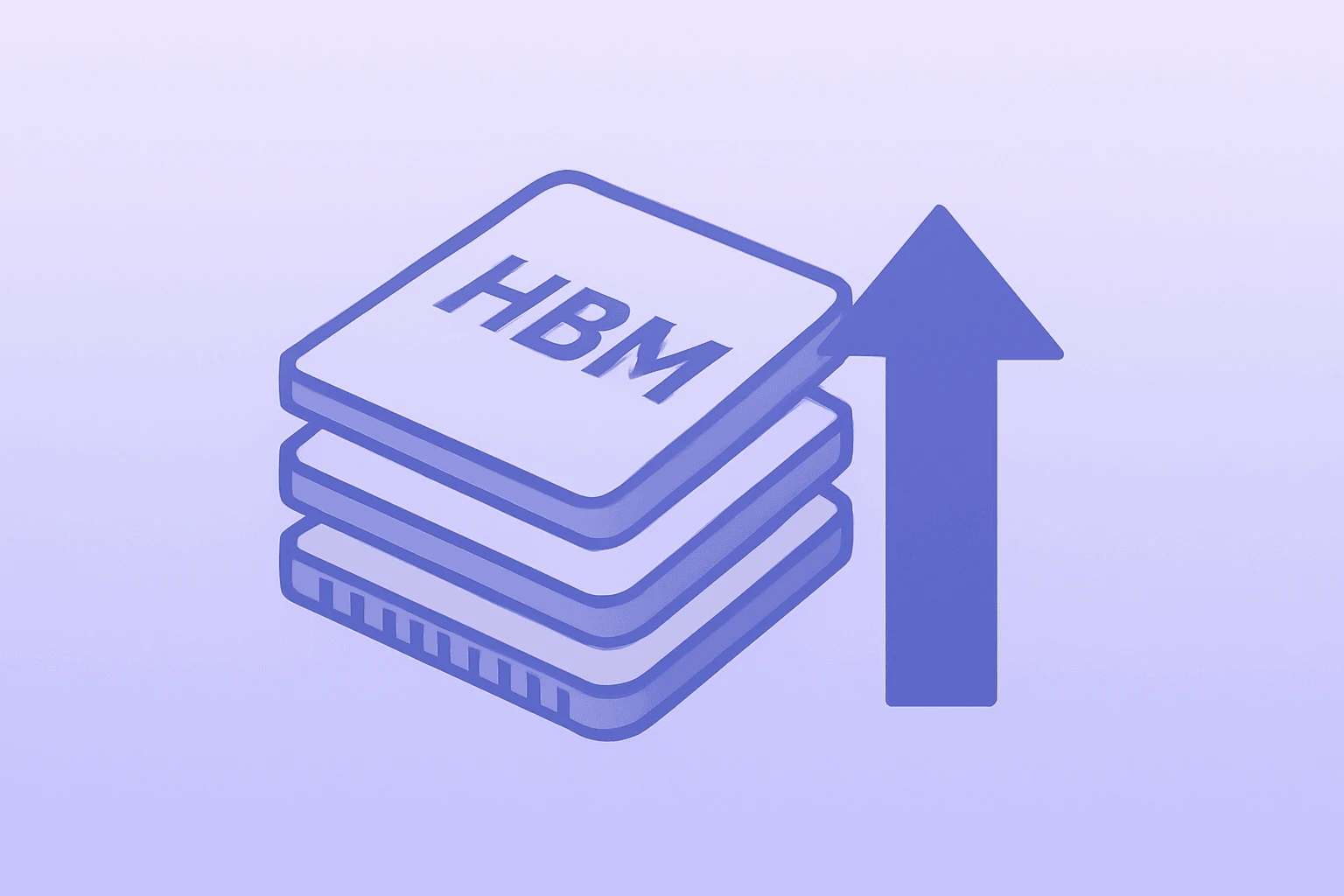 Flat vector stacked HBM memory module evoking AI-driven memory prices surge on a light violet-mist gradient.