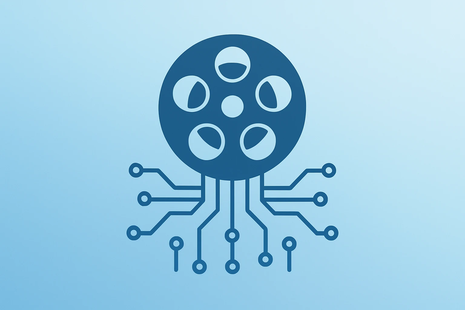 Flat vector of an archive reel expanding circuits, symbolizing Reddit Needham top pick emphasis on AI-data licensing and ad growth.
