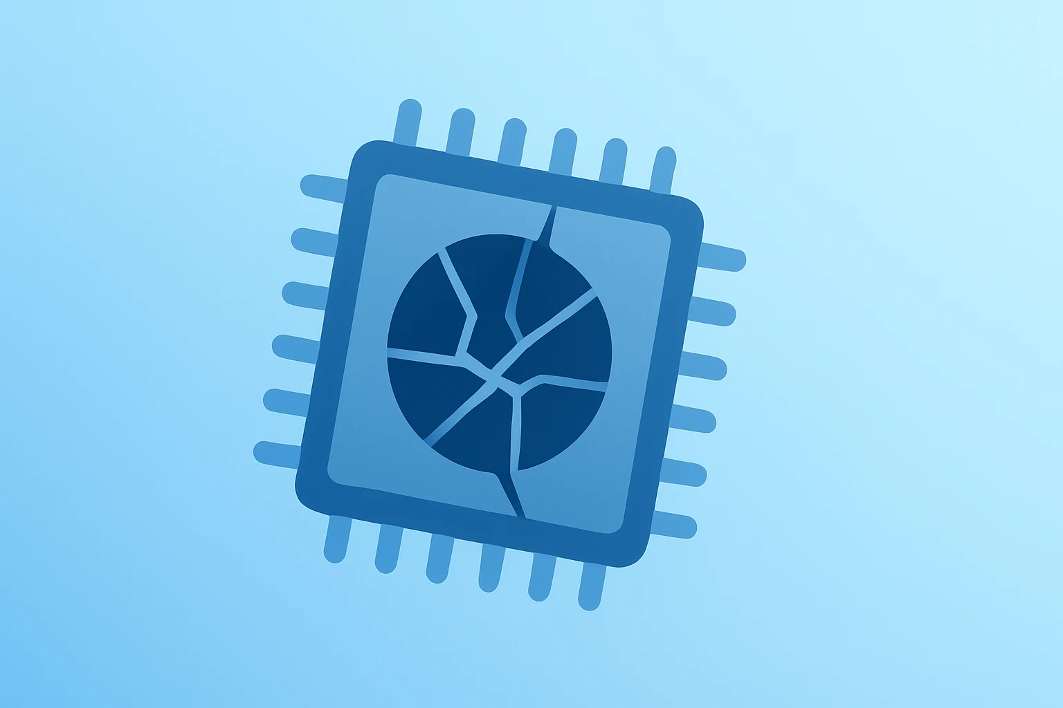 Flat vector fractured server chip symbolizing Nvidia AI chips under TPU and AMD pressure on a light graphite-frost gradient.