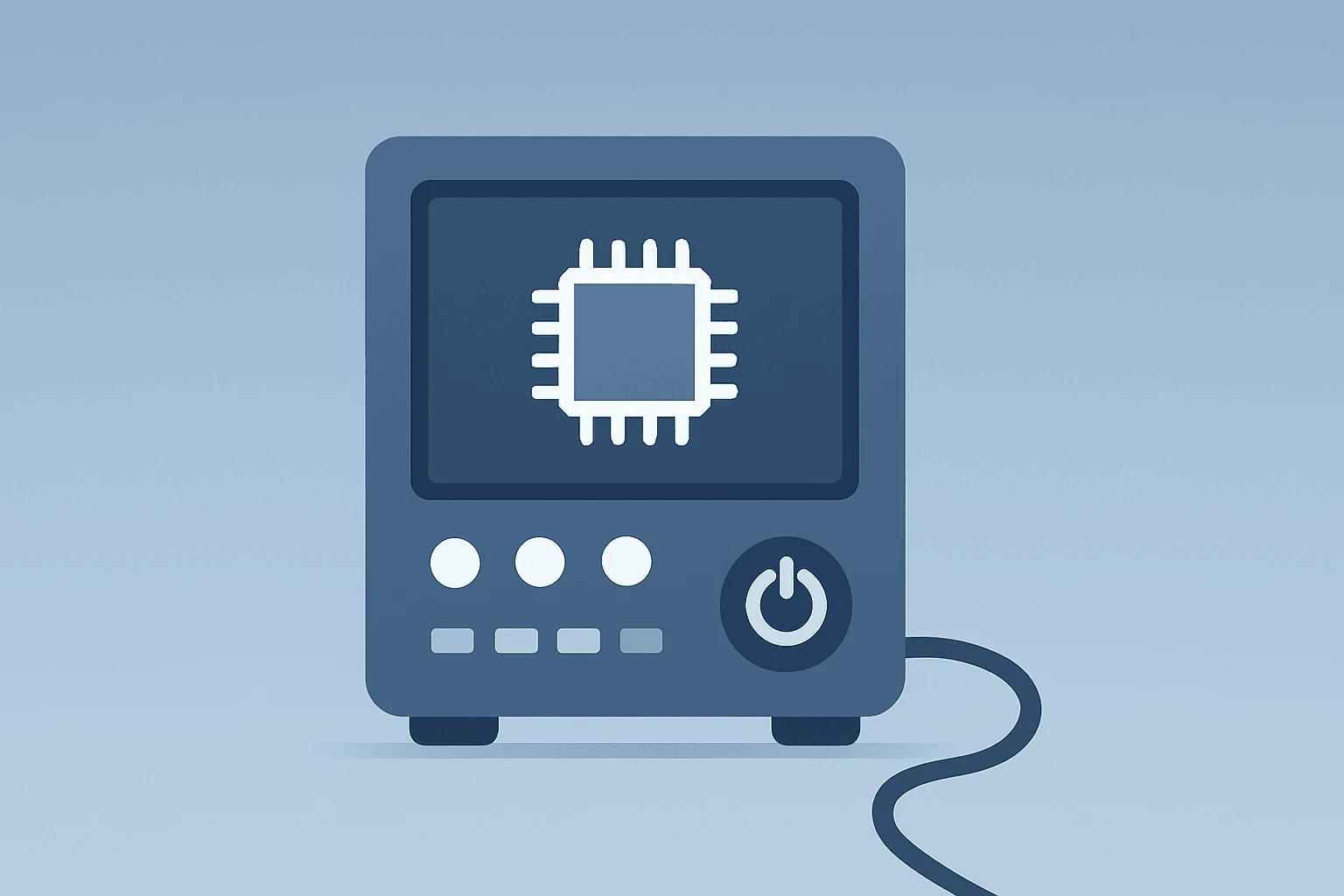 Flat vector of a semiconductor test rack powering up on a light cobalt-silver gradient, showing Teradyne earnings strength.