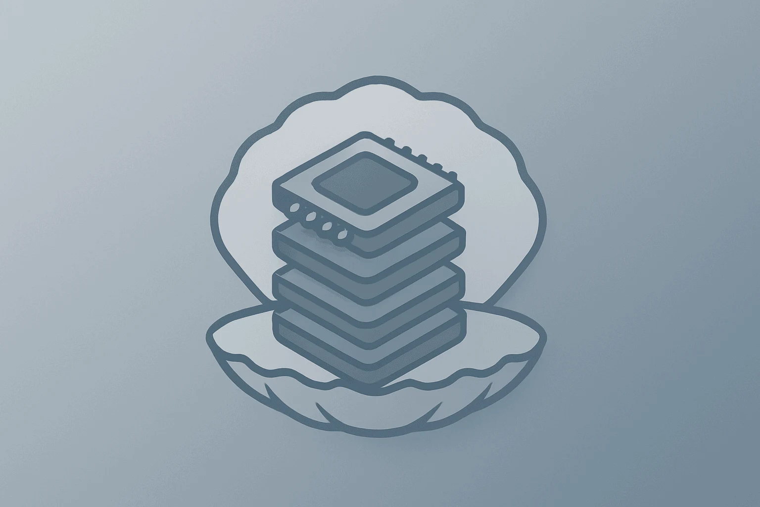 Flat vector of a memory chip stack inside a funding shell on a graphite-frost gradient, symbolizing memory stocks resilience.