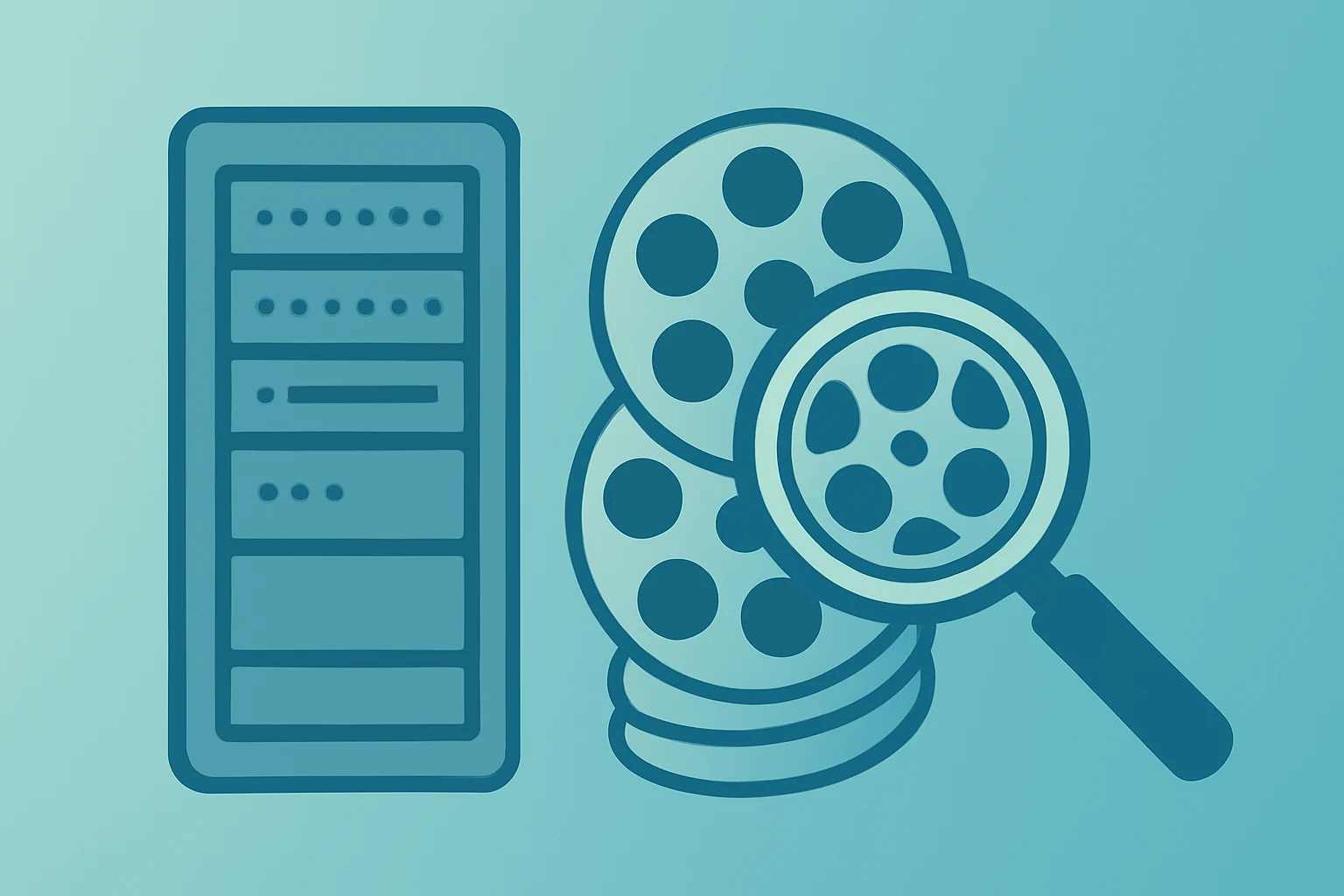Flat filled vector of a server fused with layered content reels to represent the EU antitrust probe Google into AI data use.
