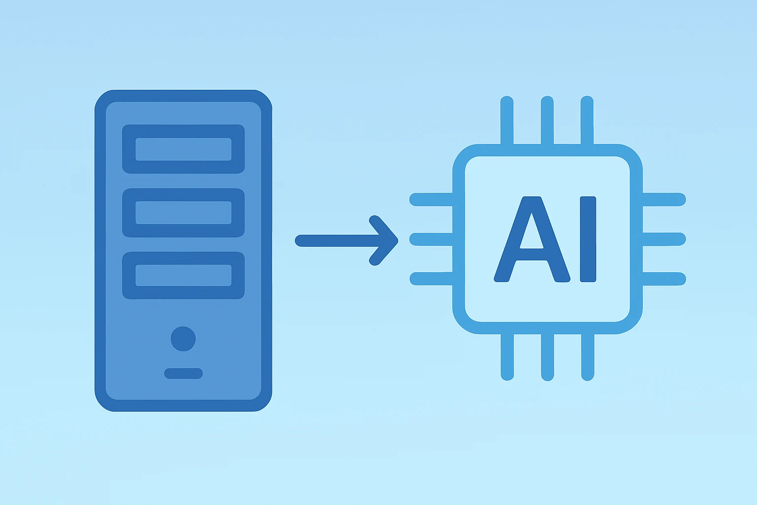 Flat filled vector of a server-style corporate node morphing toward an AI module to evoke Workday CEO change and AI focus.
