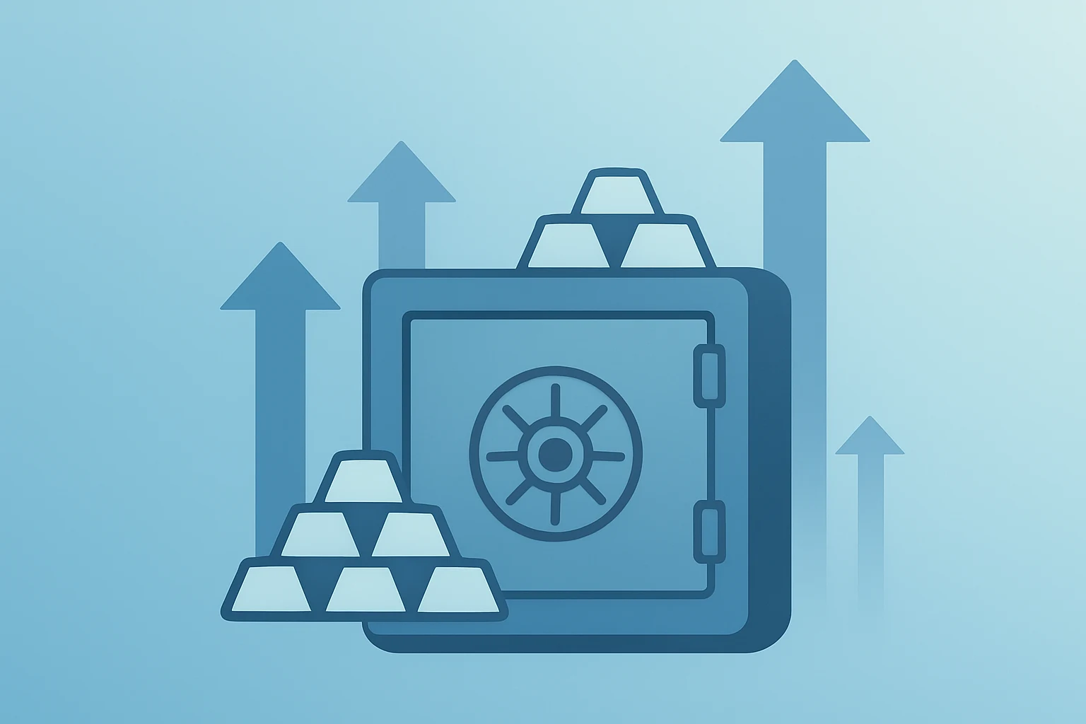Flat vector of a bullion vault bulging with inflows to symbolize the gold record high and silver rally