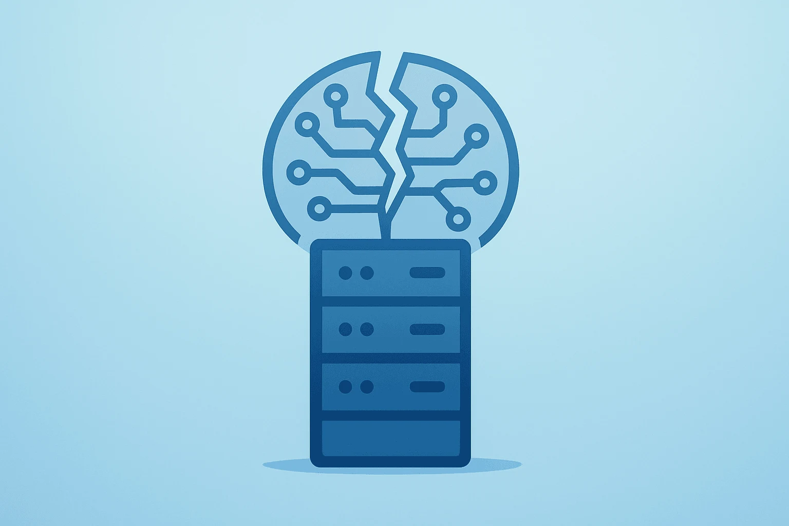 Flat vector of a server stack dimmed by a fractured circuit halo symbolizing the Meta AI layoffs lawsuit and legal risk.