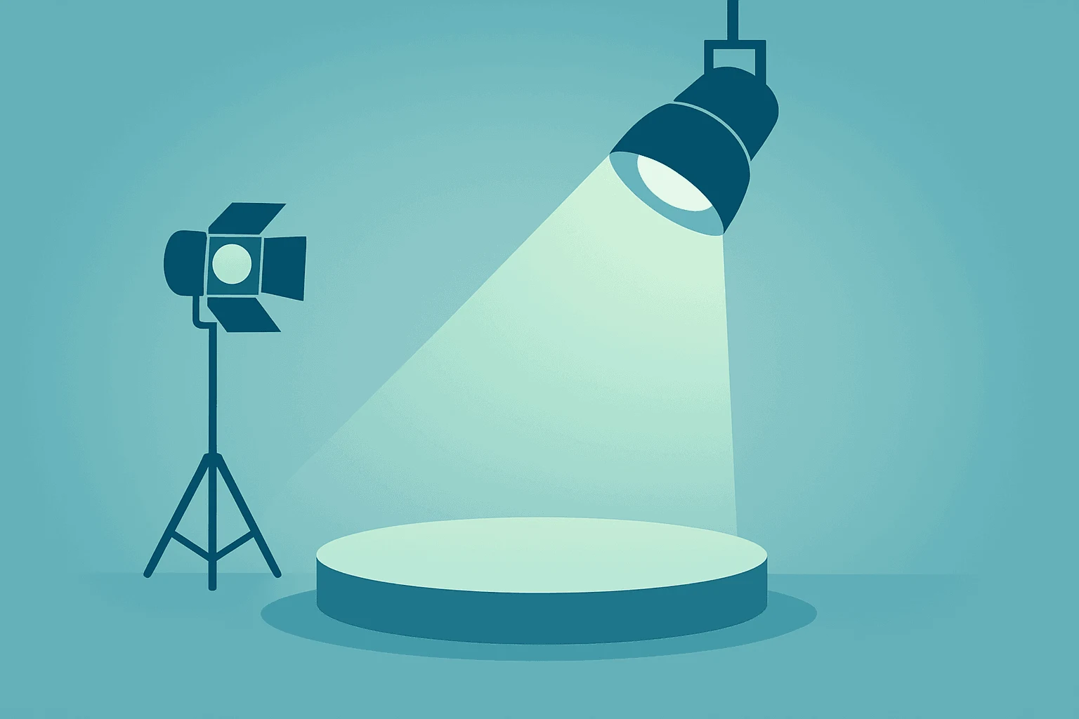 Flat vector studio stage under regulatory spotlight depicting Warner Bros. Discovery Paramount merger and antitrust review.