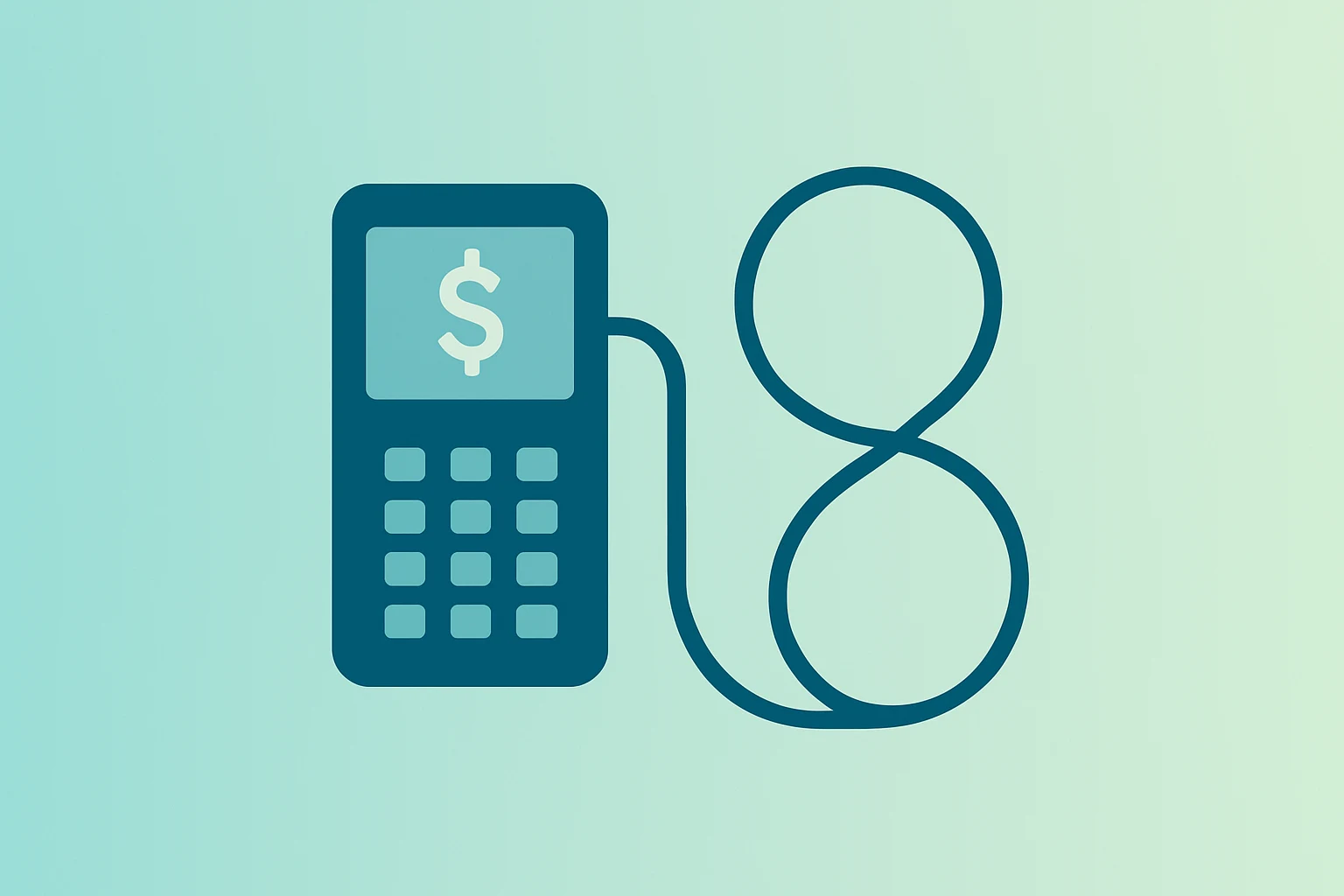 Flat vector of a checkout terminal linked to a continuous band to symbolize Walmart CEO transition and continuity