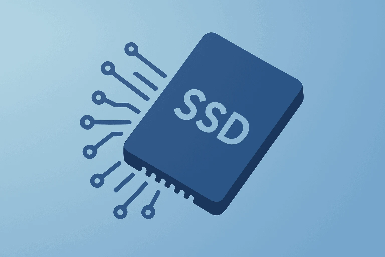 Stacked SSD with radiant circuits on a cobalt-silver gradient background symbolizing SanDisk stock optimism ahead of results.