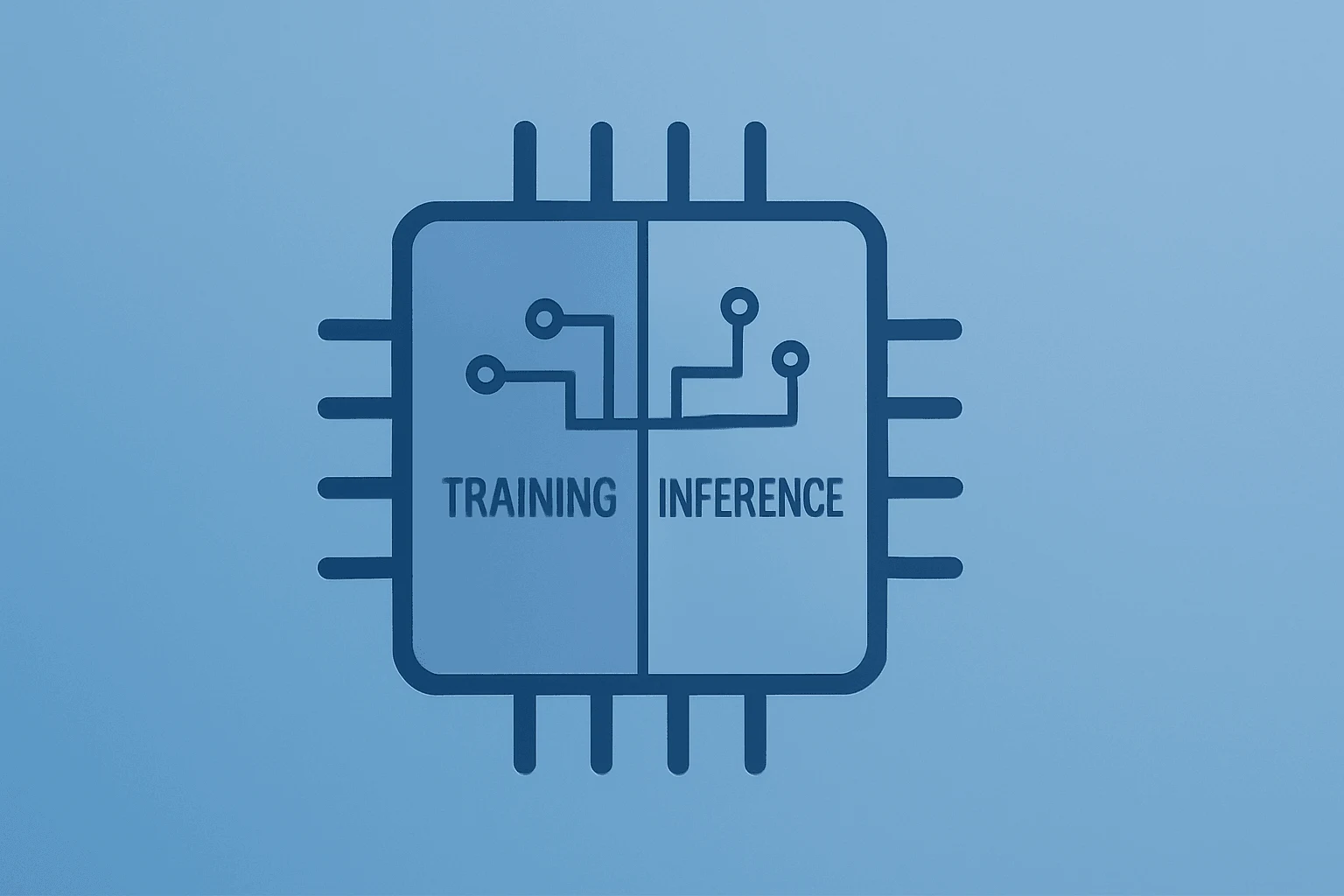 Flat vector of a server chip split into training and inference halves to symbolize Google Cloud TPUs challenging Nvidia.