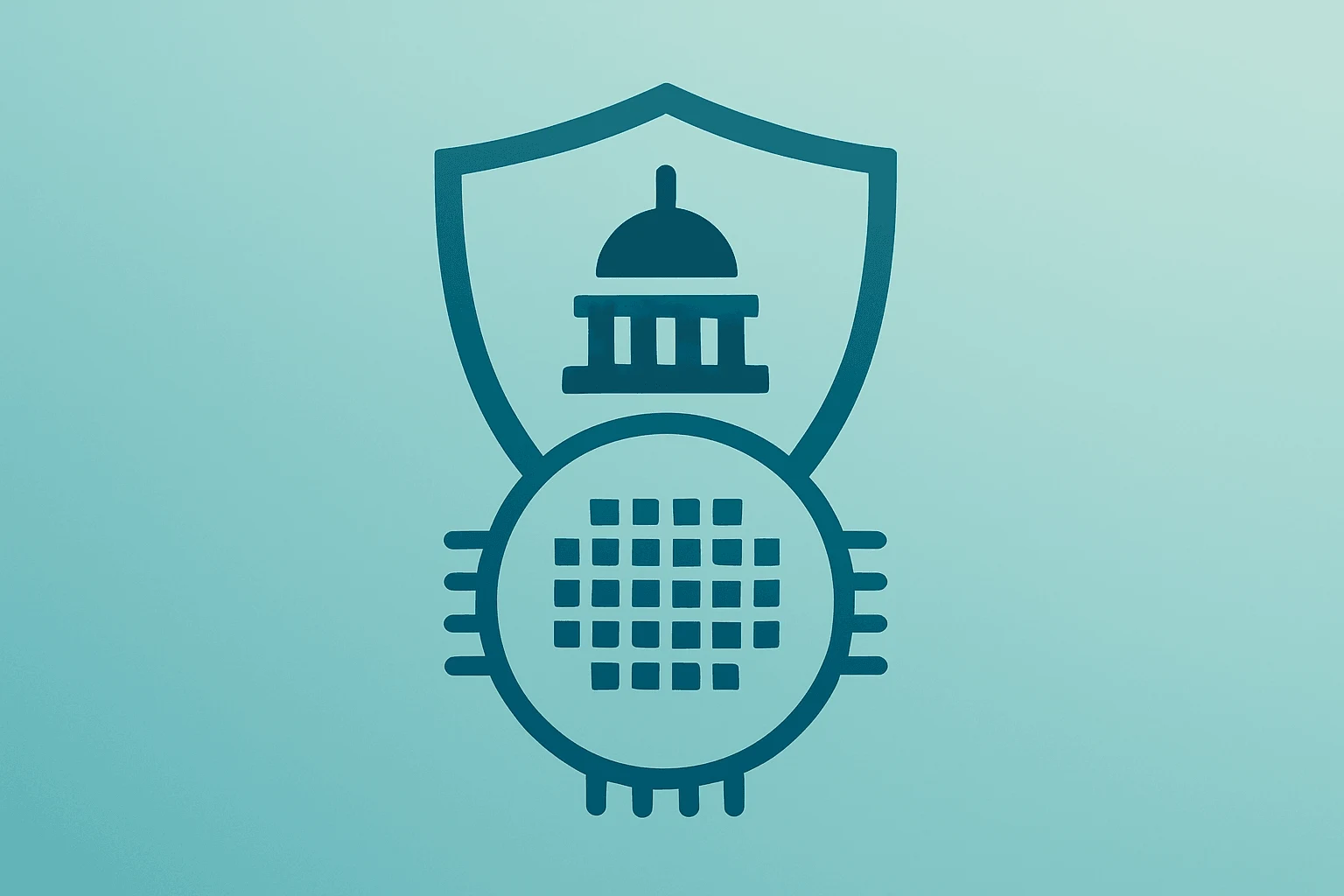 Flat vector of a quantum module held in a stylized government shield, representing U.S. quantum funding stakes.