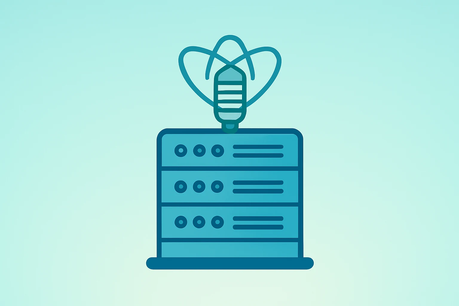 Flat filled vector of a server rack sprouting a reactor coil symbolizing Trump Media TAE merger with violet-mist gradient.