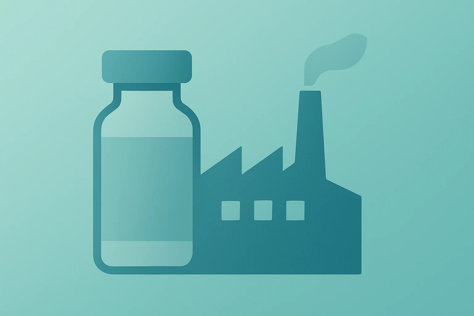 Flat filled vector of a medicine vial fused with a factory icon to evoke the Eli Lilly Pennsylvania plant expansion.