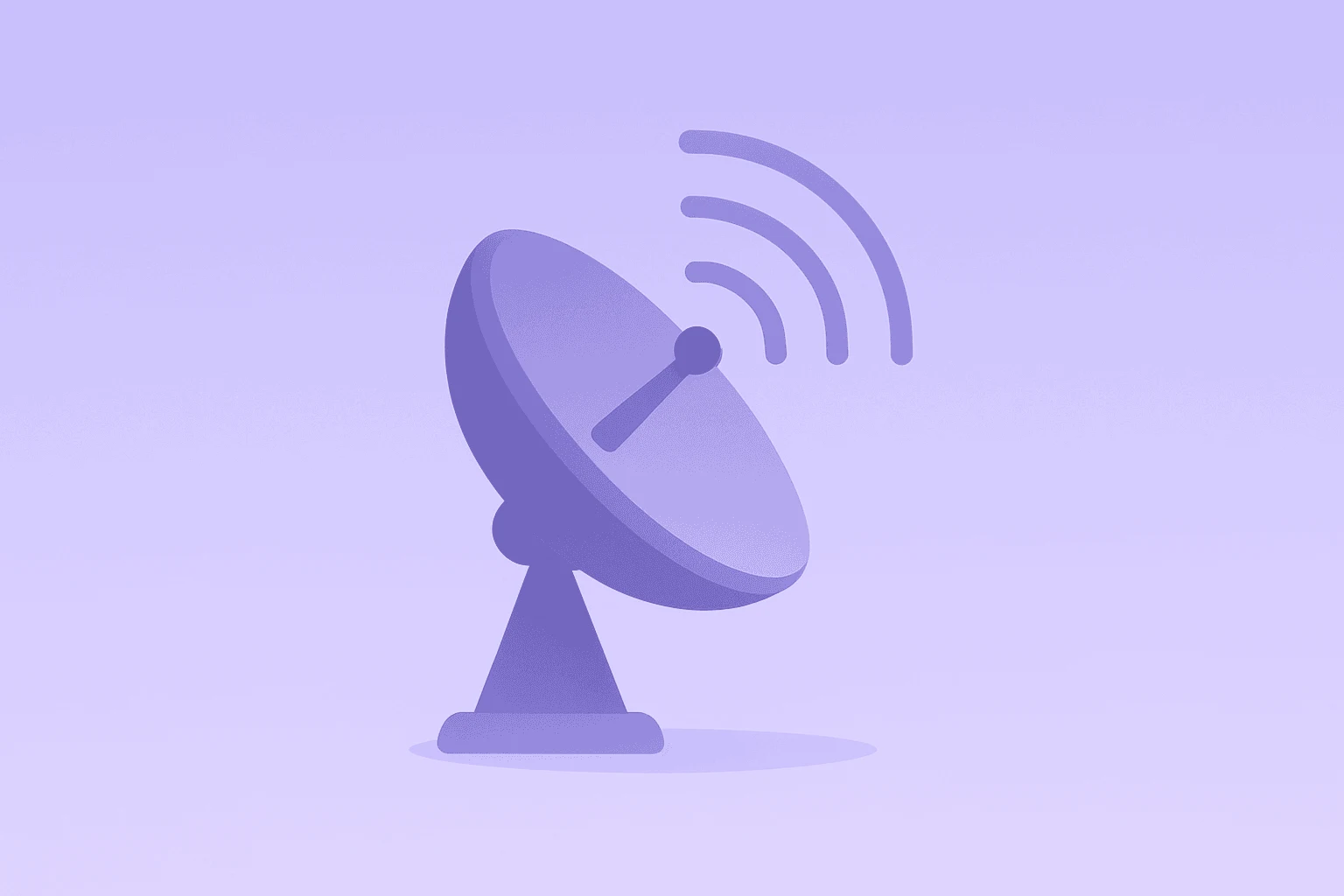 Flat filled vector satellite dish with dimming signal lights against a smooth violet-mist gradient, evoking SpaceX IPO and shifting fund flows.