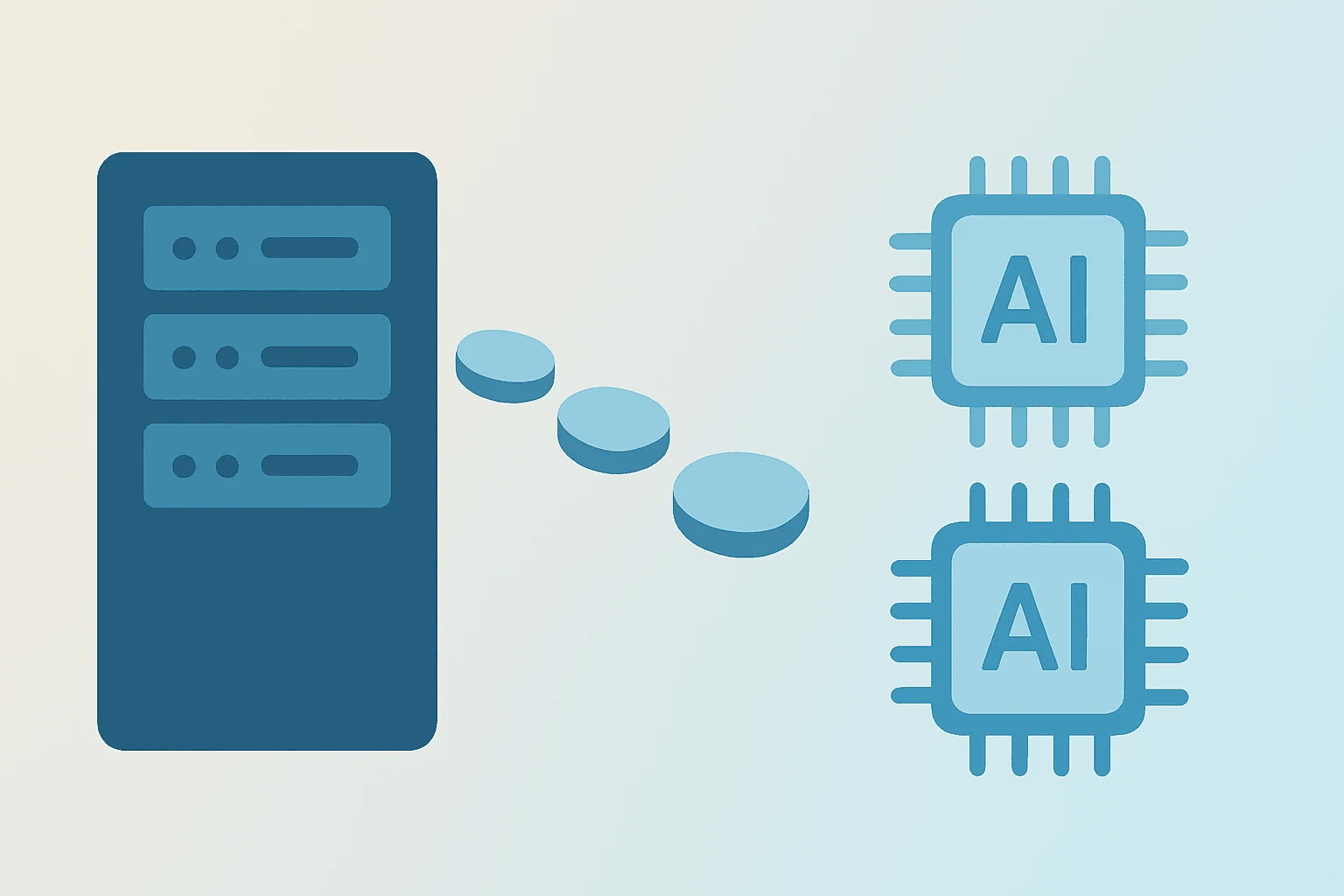Flat filled vector of a server cluster merging into an AI chip, representing Oracle layoffs and cloud AI shift.