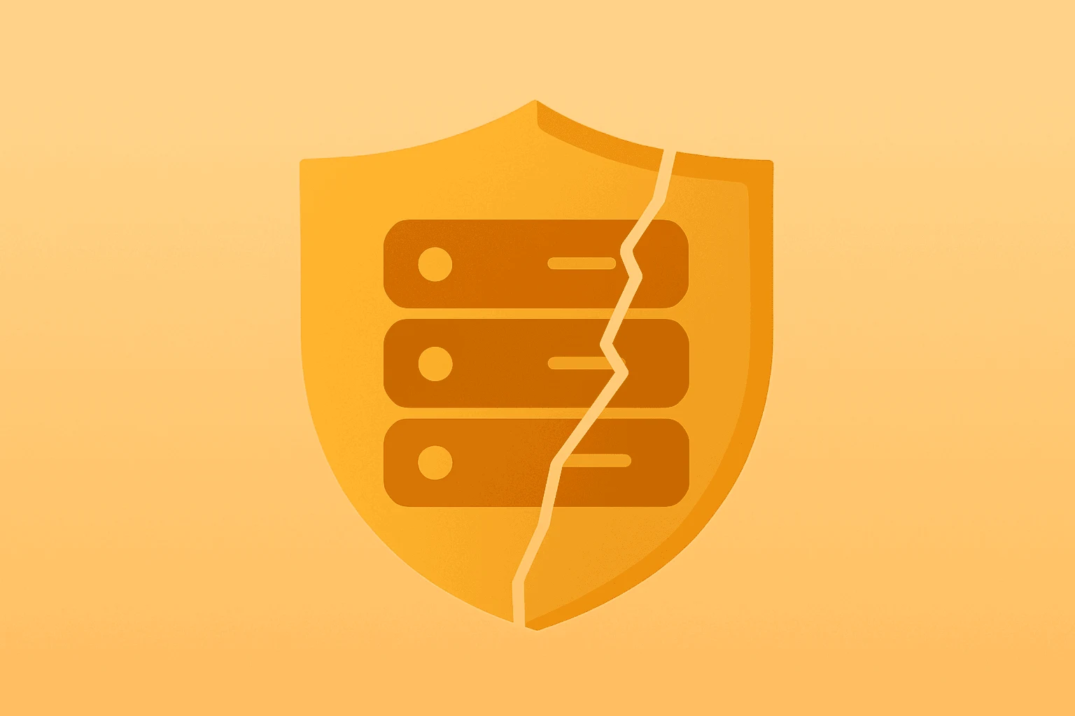 Flat vector server shield with fractured shell representing SentinelOne stock amid layoffs and tepid guidance.