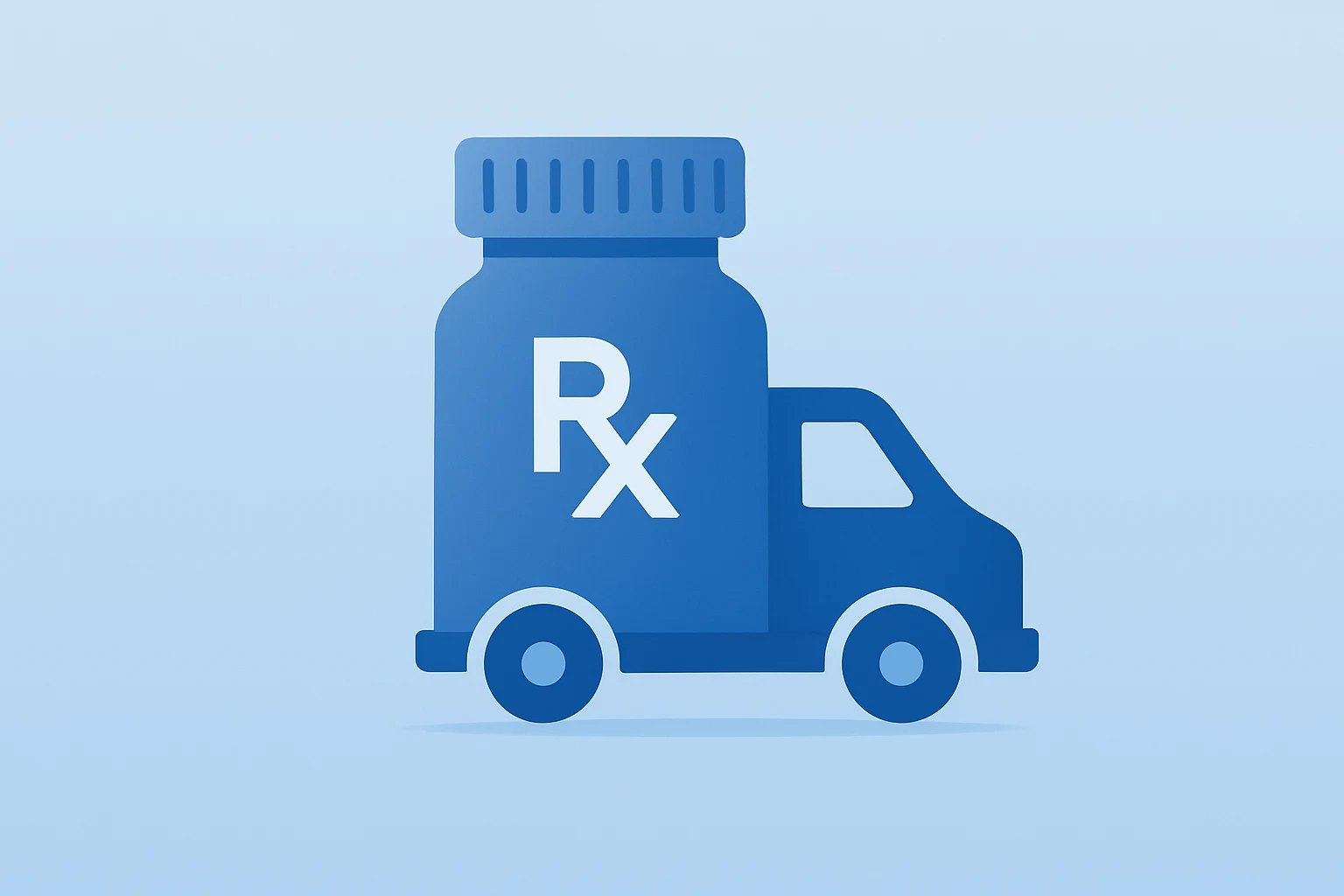 Flat vector of a pill bottle merging with a delivery van to symbolize Amazon Pharmacy same-day delivery expansion.