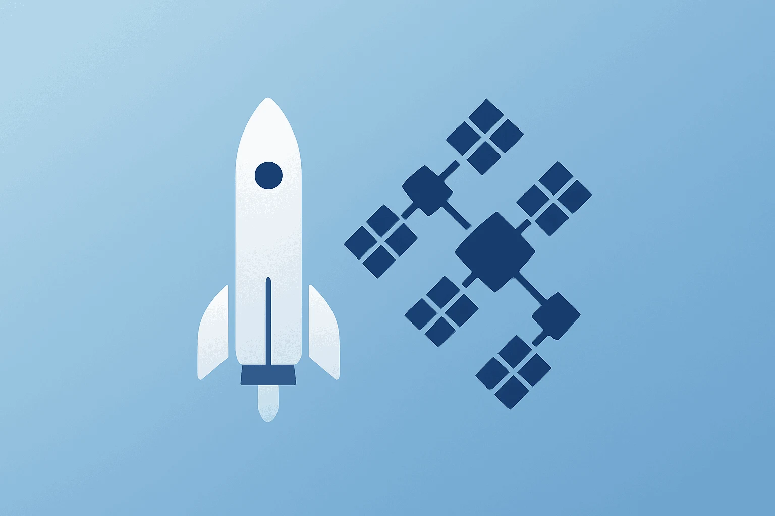 Flat vector of a launch vehicle expanding mission manifest with a satellite cluster and shadow lift, Rocket Lab stock.
