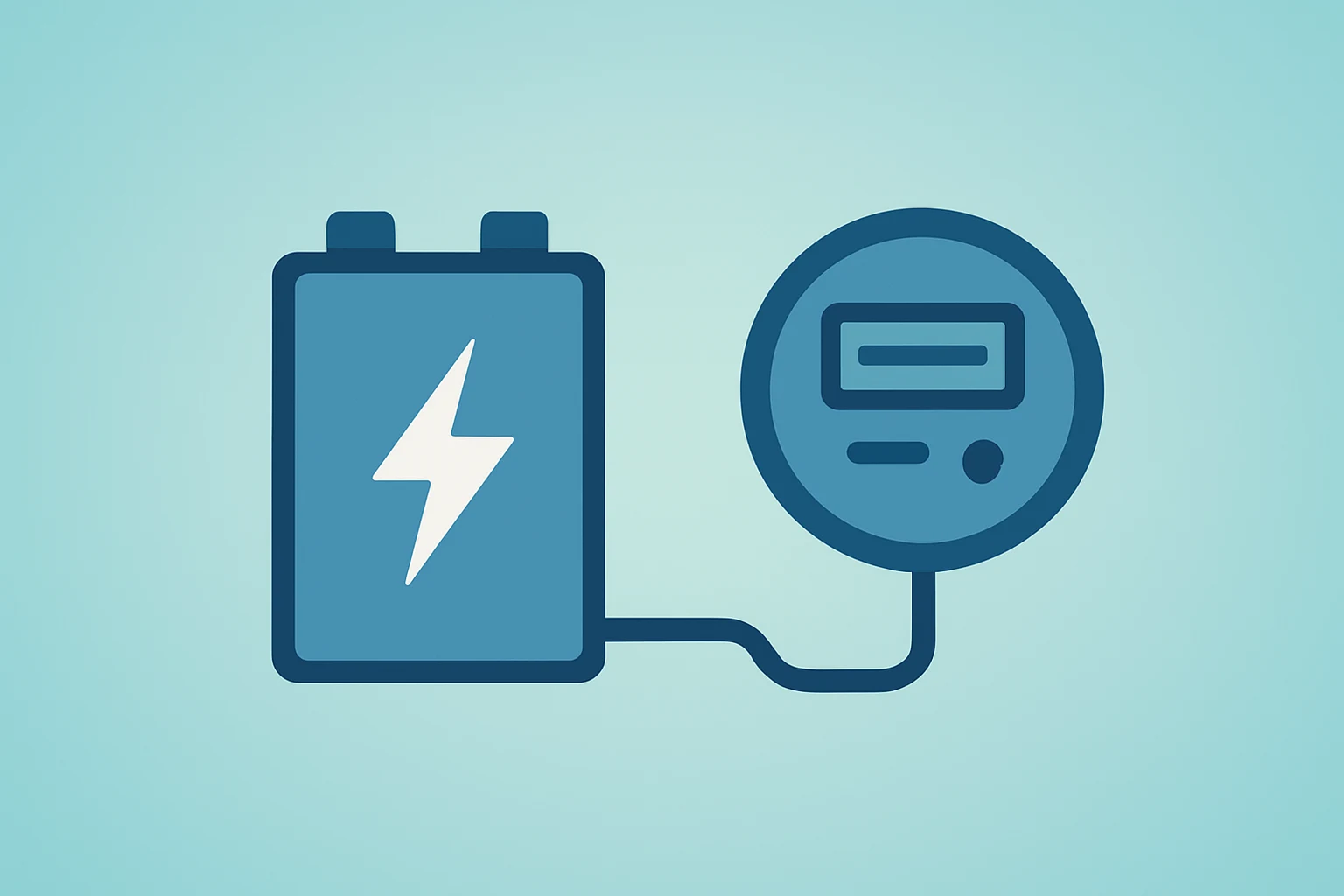 Flat vector of an EV battery linked to a power meter symbolizing the Tesla UK electricity license and utility footing.