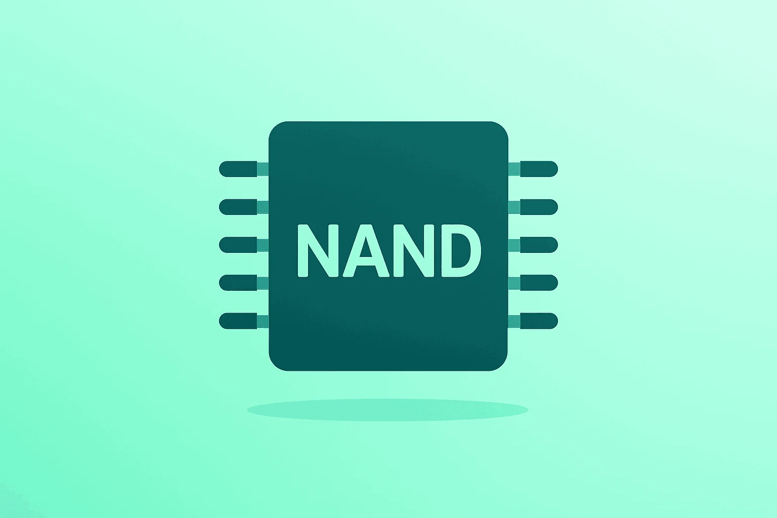 Centered flat-vector NAND flash chip with dimming glow on a smooth emerald-pearl gradient, echoing SanDisk stock stress.