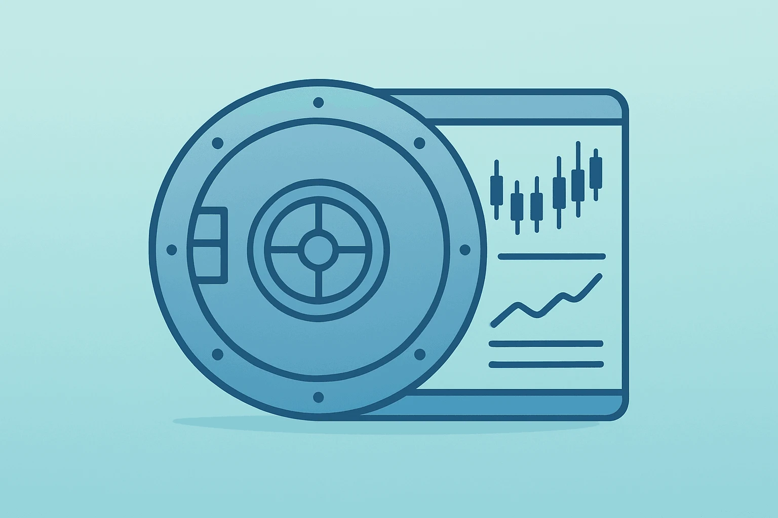 Flat filled vector of a bank vault fused with trading desk elements, evoking Truist Q2 2026 results and fee momentum.