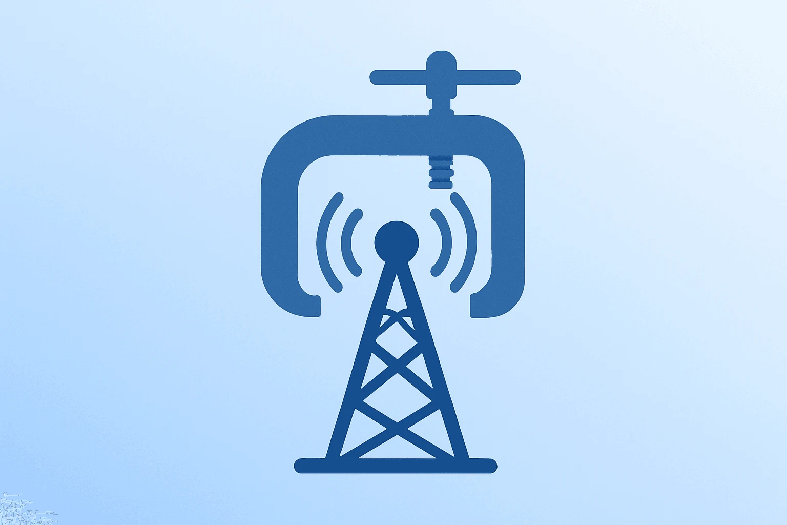 Flat filled vector of a broadcast transmitter under a regulatory clamp evoking Disney FCC License Review scrutiny.
