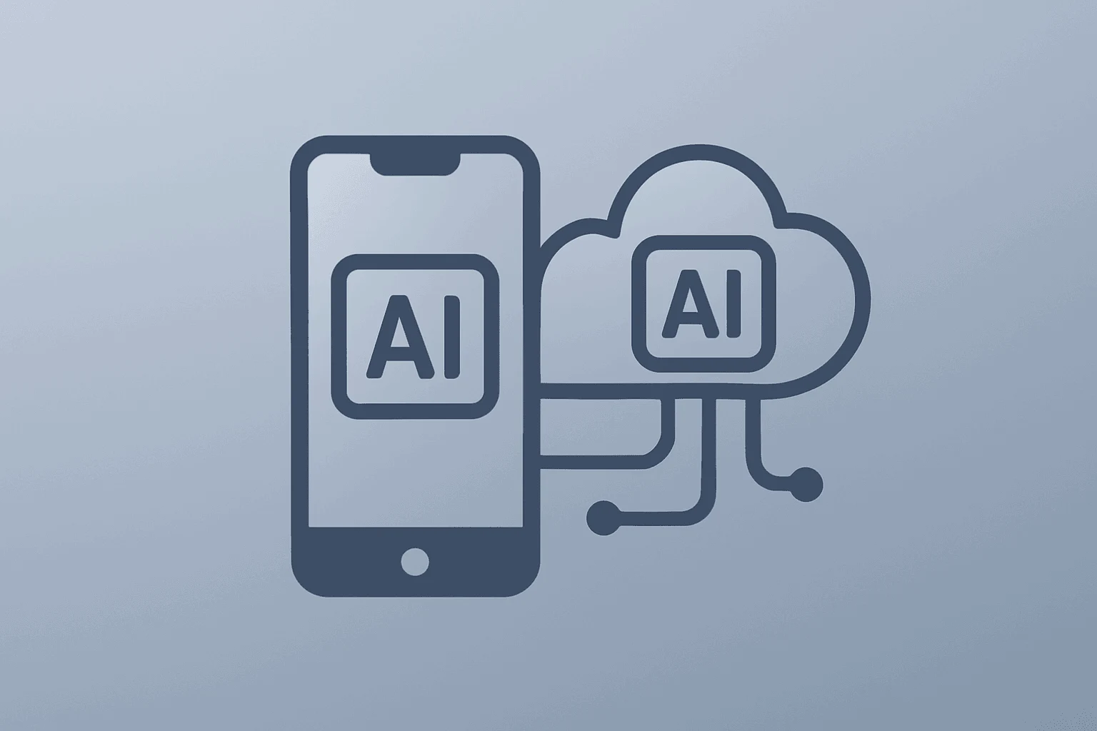 Flat vector smartphone cluster bridging on-device and cloud AI, illustrating the Apple Siri overhaul and hybrid architecture.