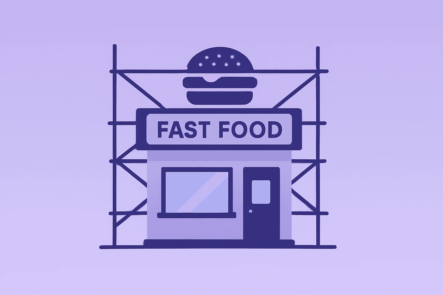 Flat filled vector of a fast-food storefront with supportive investor ribbons to symbolize Wendy's takeover bid groundwork.