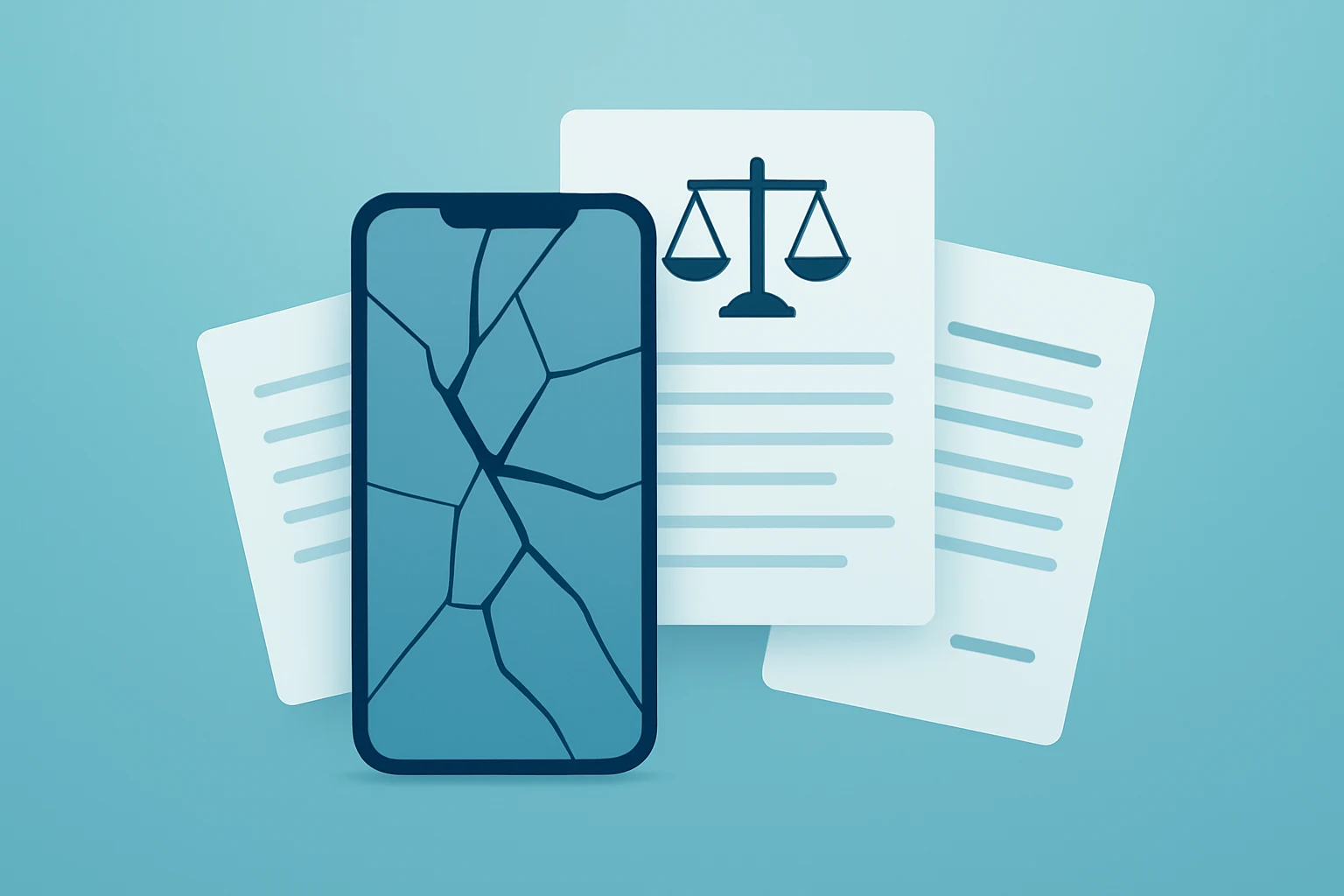 Flat vector of a fractured mobile app interface and scattered court papers evoking Zuckerberg Testifies and trial evidence.